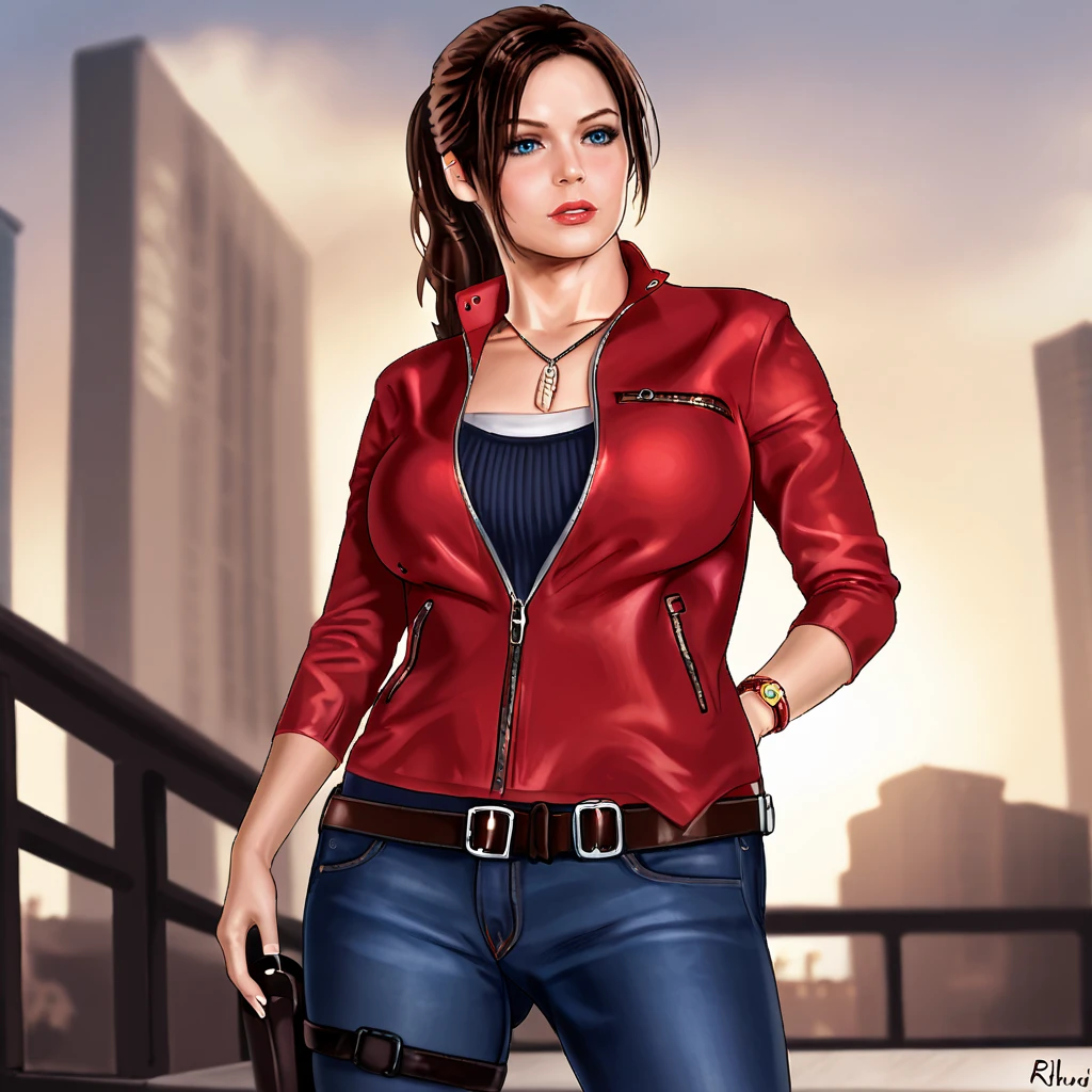 <lora:Raffaele_pony_v1:1> score_9, raffaele_style, raffaele, source_artwork <lora:clairere2remake_pony_v1:.8> ClaireResidentEvil2Remake, 1girl, large breasts, denim, brown hair, belt, jewelry, red jacket, jeans, pants, ponytail, necklace, long hair, blue eyes, zipper, holster, cowboy shot