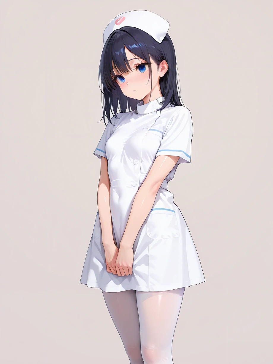 masterpiece,amazing quality,best quality,ultra-detailed,8K,illustration,CG,shiny hair,clear skin,ultra-detailed-eyes,simple background,cute girl, eyelashes <lora:nurse_illustrious_V1.0:0.7> nurse, short sleeves, white dress, nurse cap,white pantyhose