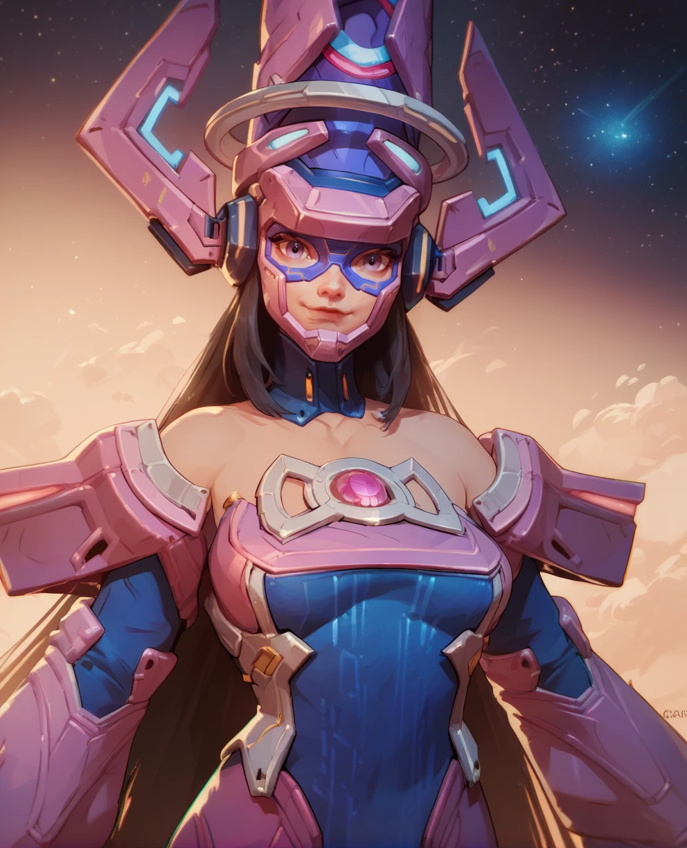 score_9,score_8_up,score_7_up,score_6_up,score_5_up,score_4_up,
galactamr,purple eyes,helmet,black hair,long hair,
detached sleeves,dress,chest jewel,
upper body,looking at viewer,light smile,
space,<lora:GalactaMR:0.9>,