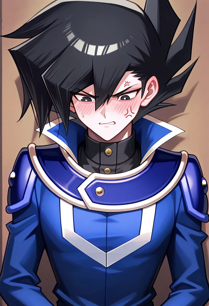 masterpiece, best quality, 
chazzgx, 1boy, male focus, solo, black eyes, black hair, spiked hair, hair between eyes, duel academy uniform (yu-gi-oh! gx), obelisk blue uniform, shirt, black shirt, turtleneck, coat, blue coat, long sleeves,
indoor, blush, anger vein, parody