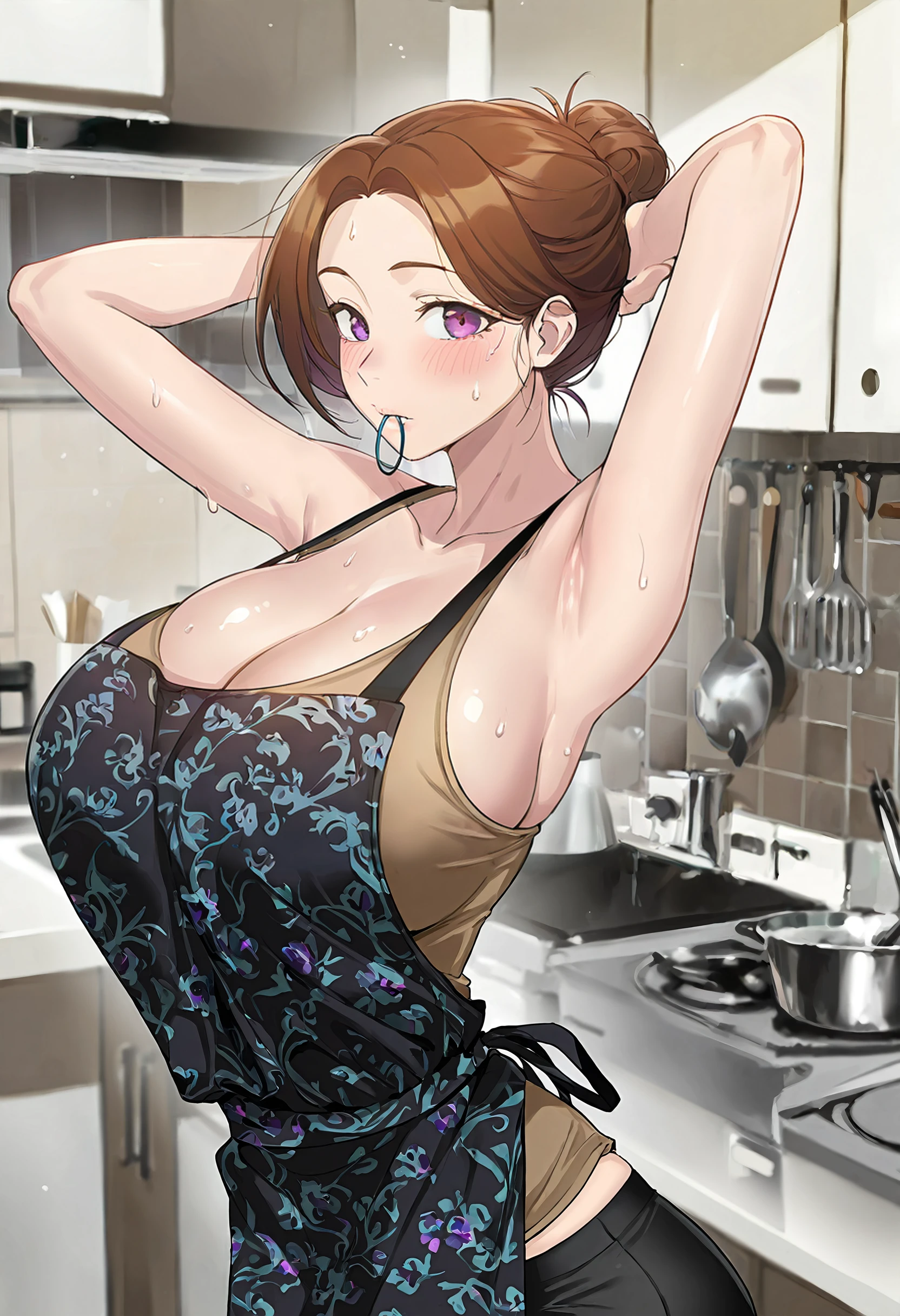 masterpiece, best quality, amazing quality, very aesthetic, absurdres, newest, scenery, 1girl, (solo:1.1), huge breasts, surprised, blush, <lora:Jung Eun-ea illustxl:0.9>brown hair, mature female, purple eyes, short hair, single hair bun, (thick eyebrows:0.7), light brown tank top, collarbone, cleavage, short sleeves, (floral print apron:1.1), black apron, black shorts, short shorts, hair tie in mouth, hands in own hair, arms behind head, armpits, sweat, from side, upper body, standing, kitchen, inside, looking at viewer, shiny skin, masterpiece, best quality, amazing quality, very aesthetic, absurdres, newest, scenery