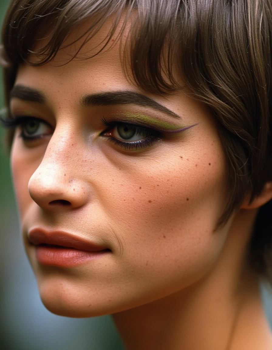 <lora:charlotte-rampling-flux:1.1> the, her, woman, and, has extreme close up of her face showing the texture of her skin which is dry and her very tiny freckles are slightly visible on her nose and cheeks wearing thick gaudy eye makeup