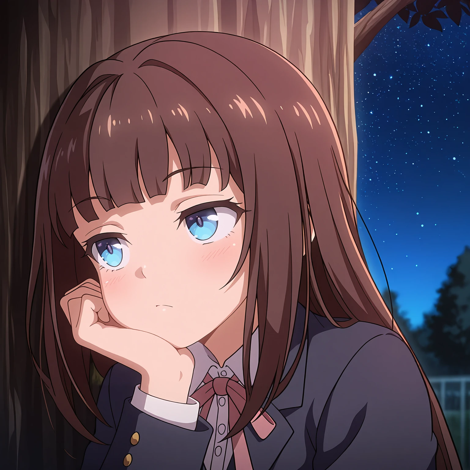 masterpiece,best quality,amazing quality,  depth of field, (solo:1.2), <lora:Charlotte_Futsuma_Shoujo:0.8> enchal, scuni, brown hair, blue eyes, school uniform, night, starry sky, (school:1.3), garden, against tree, head rest, thinking,