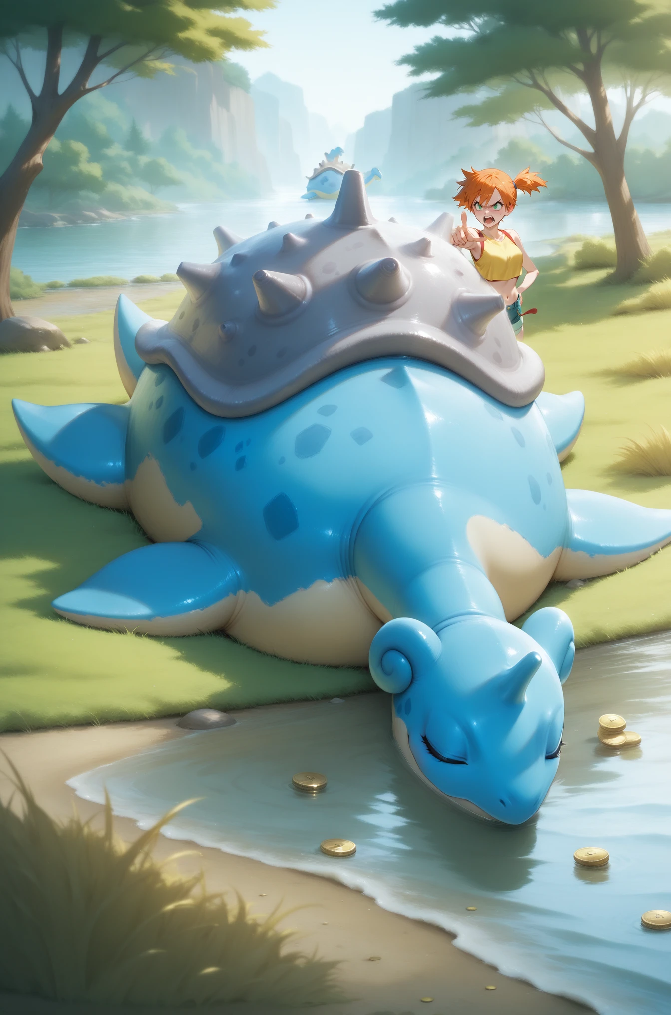 masterpiece, best quality,
 <lora:Round body filter [IL]:0.8> balloon_body, , sleeping, river, trees, grass, 
Lapras, pokemon, pokemon_(creature), closed eyes, sleeping 
coins on floor,