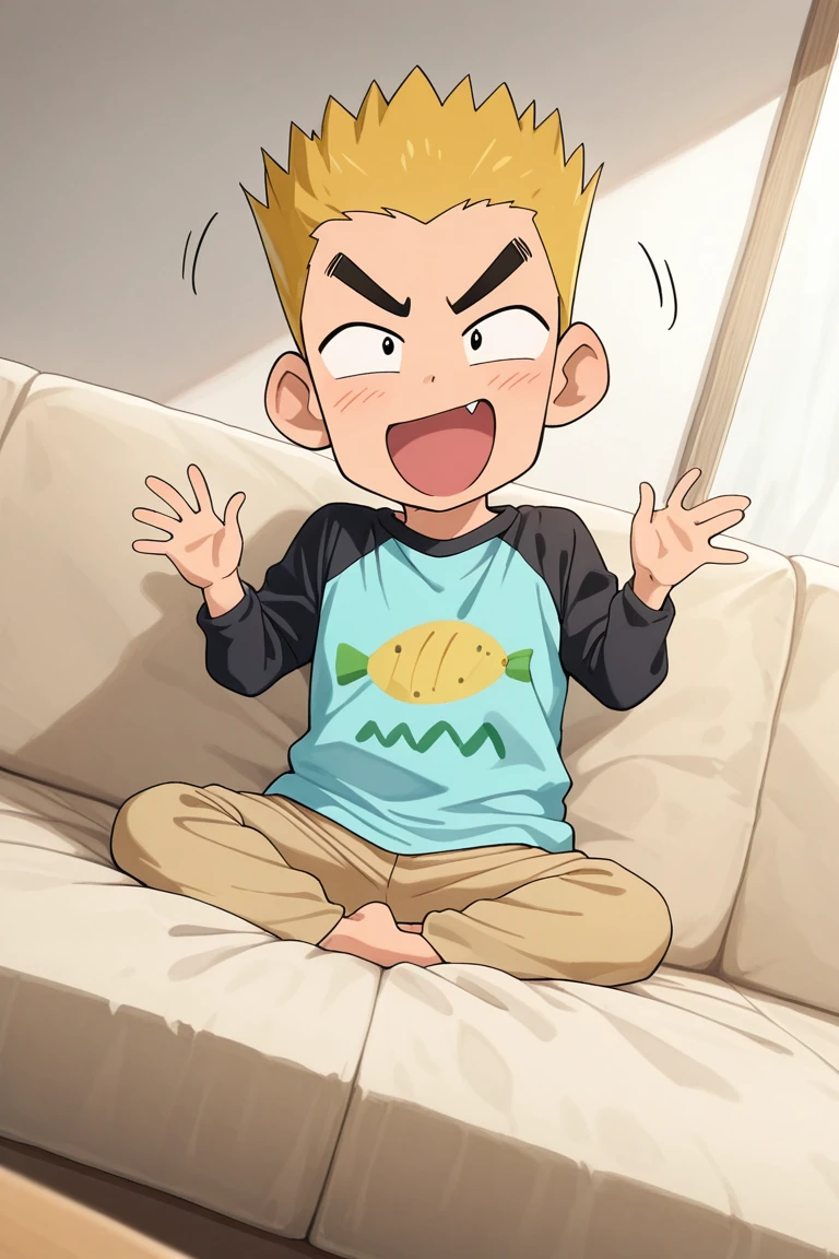 anime screencap, male child focus, looking at viewer, expressive face, yasuocsc, blonde_yasuocsc_male hair, black_yasuocsc_eyes, 1male child, wide smile, open mouth, happy, full body, sitting on couch, hands with five fingers, double waving, casual cosplay, shirt, pants, indoors living room, dynamic angle, motion lines, intricately detailed illustration, masterpiece, best quality, amazing quality, very aesthetic, absurdres, newest