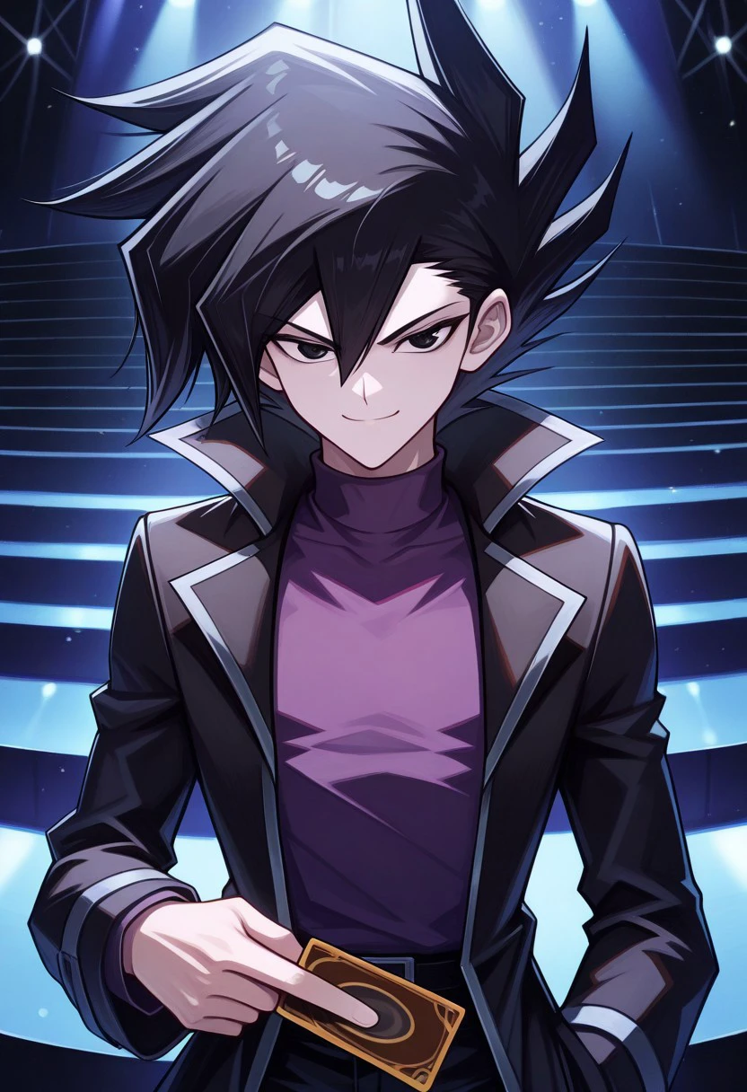 masterpiece, best quality, 
chazzgx, 1boy, male focus, solo, black eyes, black hair, spiked hair, bangs, hair between eyes, shirt, purple shirt, turtleneck, coat, black coat, long sleeves, open coat, open clothes, holding card, smile, determined
indoor, stage, white light,