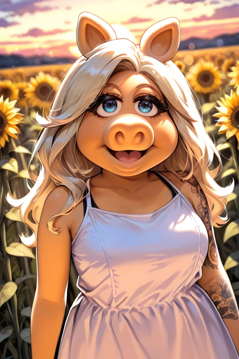 from above, dutch angle, masterpiece, best quality, cowboy shot,
1girl, solo, blue eyes, miss piggy, furry, long hair, upper body a photo of a woman wearing a sundress in a field of sunflowers at sunset, arm tattoo depth of field, blurry background 
newest, absurdres, highres
<lora:Miss_Piggy_IL-000010:1>