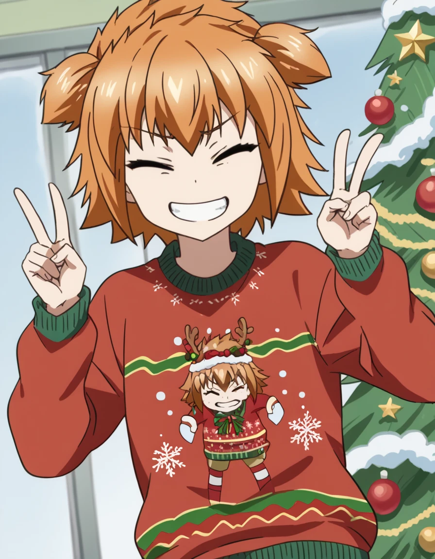 score_9, score_8_up, score_7_up, source_anime, <lora:noe-kazama-s1-ponyxl-lora-nochekaiser:1>, noe kazama, short hair, brown hair, twintails, brown eyes, anime screencap, <lora:christmas-sweater-ponyxl-lora-nochekaiser:1>, christmas sweater, christmas, ugly sweater, print sweater, red sweater, christmas tree, christmas ornaments, sweater, multicolored sweater, , v, smile, hands up, teeth, closed eyes, cowboy shot,, , dutch angle, cowboy shot