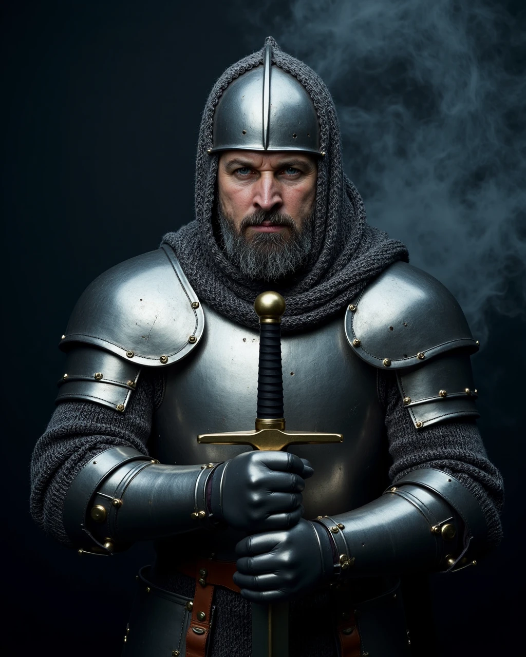 a photograph of a medieval knight standing in a battle-ready pose. The knight is depicted in full armor, including a helmet and chainmail hood covering his head and face, leaving only his intense blue eyes visible. His beard is neatly trimmed, and his expression is stern and focused. The armor is metallic, with a polished, reflective surface showing minor scratches and wear, indicating use in combat. The knight holds a large, double-edged sword upright with both hands, positioned in front of him.
The background is dark and smoky, creating a dramatic and intense atmosphere. The smoke adds a sense of mystery and foreboding, with hints of light filtering through, highlighting the knight's armor. The chainmail hood and the metallic armor have a texture that is rough and rugged, contrasting with the smoothness of the sword's handle. The knight's gloves are also metallic, with intricate detailing and rivets, adding to the overall medieval aesthetic.
The lighting is low, casting deep shadows and emphasizing the knight's determined expression and the texture of his armor. The image captures the essence of medieval warfare and the bravery of knights, with a high level of detail and realism.<lora:santivox:1>