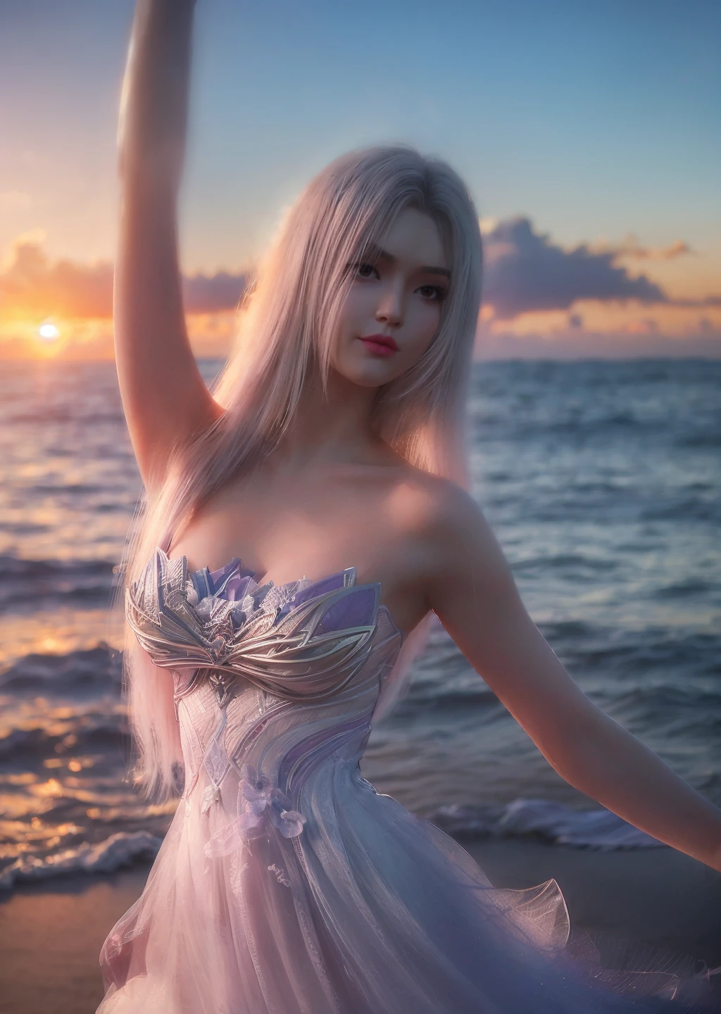 1girl,solo,white long hair,makeup,lipstick,(gigantic breasts),((sleeveless white tube top dress)),dancing,looking at viewer,outdoors,(pink ocean),sunset,((sunlight,glowing)),(blurry background),depth of field,Highly detailed,(ultra-detailed),(best quality:1.5,masterpiece:1.5),<lora:xiaoyixian:0.8>,<lora:softlight-000010:1:lbw=TEST>,<lora:æè£å¢å:-1>,