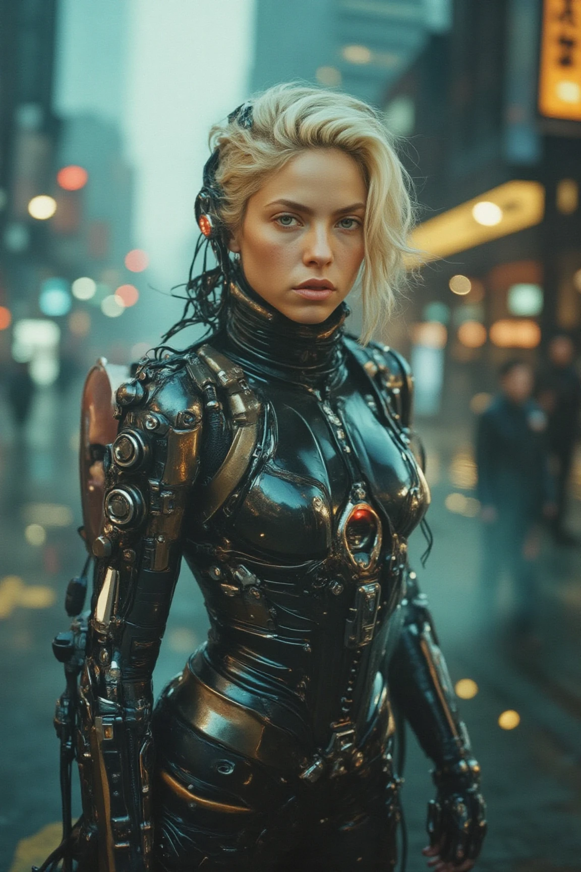 A futuristic blonde femme fatale stands tall, her cybernetic robot attire glistening under soft even lighting. Her medium-bodied figure is centered in a medium-shot, as she locks eye contact with the viewer, her gaze piercing through the digital haze of the cityscape behind. Every detail of her face and eyes are meticulously rendered, inviting us into this futuristic world where technology meets humanity.