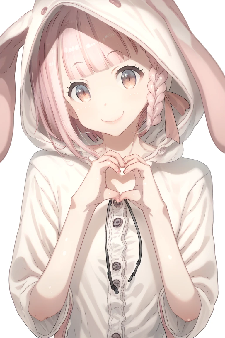 , score_9, score_8_up, score_7_up,   1girl, animal hood, bad id, bad twitter id, bow, braid, buttons, drawstring, female focus, hair bow, heart, heart hands, hood, looking at viewer, original, ozzzzy, pink hair, rabbit ears, side braid, simple background, single braid, smile, solo, upper body, white background, ozzzzyStyle