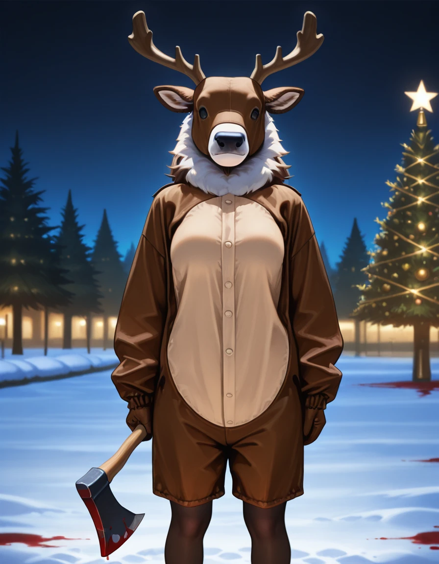 masterpiece,best quality,higres illustration,detailed face,<lora:reindeermask_IL:1>,reindeermask,solo,expressionless,christmas tree,holding axe,night,snow,park,brown shorts,pantyhose,brown kigurumi,blood,