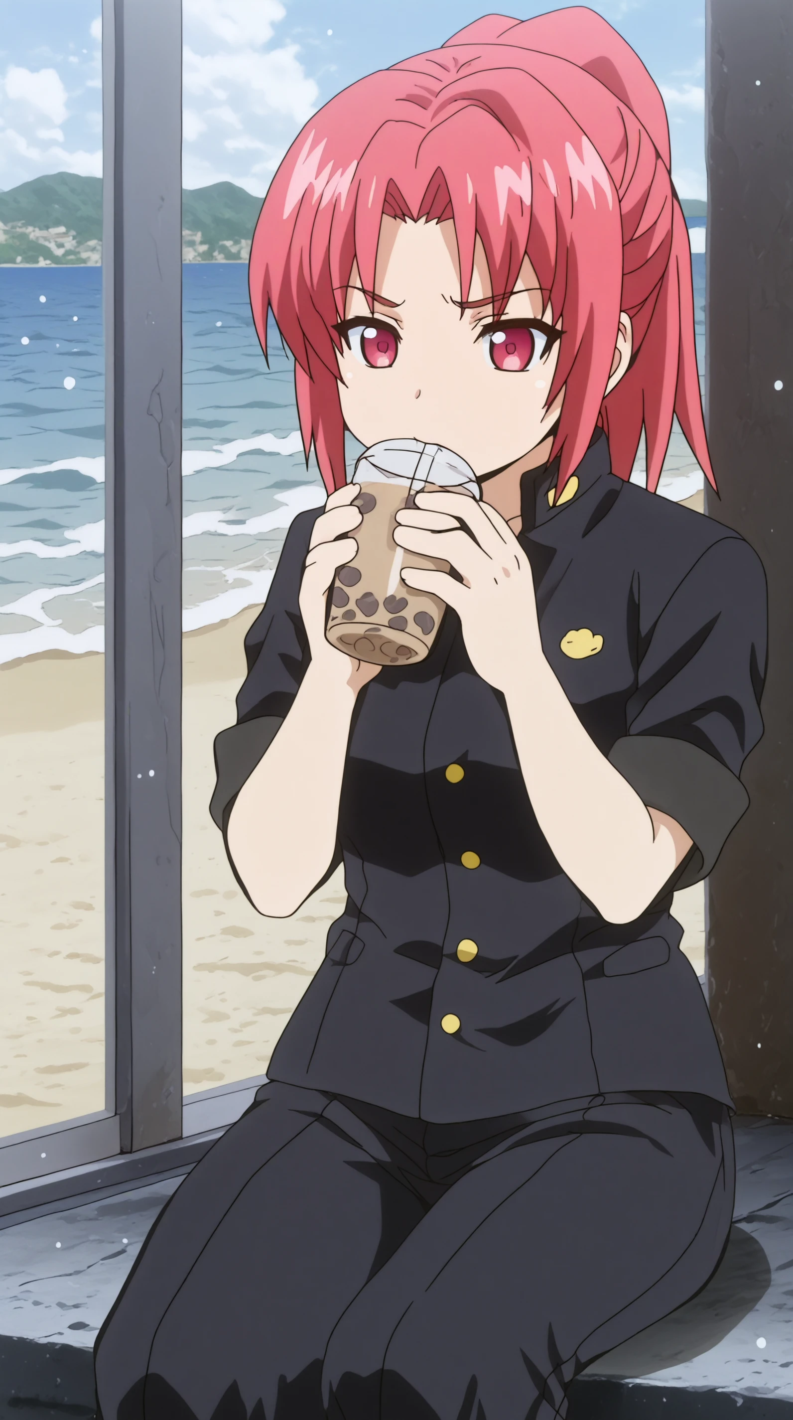 masterpiece, best quality, indoors, cinematic lighting, amazing quality, very aesthetic, absurdres, best quality, newest, year 2023,   Nagisa Kiryu, Student Uniform, solo, sitting, outdoors, beach, soft particles, drinking, bubble tea, pants  <lora:JN_Nagisa_Kiryu_Illus:0.8>