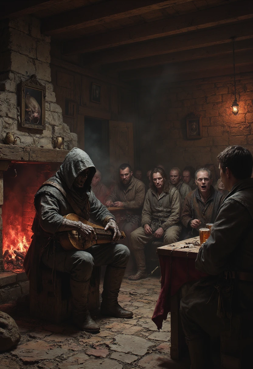 A dimly lit medieval tavern with a sinister, uncanny atmosphere. The central figure is a cloaked musician playing a hurdy-gurdy, seated on a weathered wooden stool near a roaring fireplace. At first glance, he appears to be a regular bard, dressed in a tattered woolen cloak and leather boots. However, upon closer inspection, his hands are grotesque, skeletal, and wrapped in fraying strips of ancient cloth, as if barely holding his decayed flesh together. His face is obscured beneath a shadowy hood, but faint, glowing pinpricks of light where his eyes should be pierce the darkness.

The hurdy-gurdy is an antique, medieval masterpiece but unnervingly alive—it appears to be made of bone and sinew instead of wood. The crank is a bleached femur, and the strings vibrate with an eerie, otherworldly hum, emitting ghostly, dissonant melodies. The instrument exudes a faint mist that curls and twists unnaturally, forming fleeting shapes of anguished faces or clawed hands that dissipate as quickly as they appear.

The tavern’s other patrons are a mix of rugged medieval villagers—grimy, scarred, and dressed in simple wool or leather. They sit frozen, their eyes wide with terror and fixed on the musician, as if transfixed or bewitched. The tankards of ale in their hands have spilled, and one man’s fingers have gone white from clutching his rosary. Behind the crowd, a pale, gaunt woman is slumped over her table, her head turned at an unnatural angle, as if she collapsed mid-scream.

The room itself has a sense of claustrophobic decay. The wooden beams are warped, and cobwebs drape heavily from the rafters. A faint smell of mildew and something metallic permeates the air. Flickering lanterns and the fire’s glow cast shifting shadows on the stone walls, which seem to subtly move, giving the illusion of faces or eyes staring back.

In the background, a heavy oaken door to the cellar is slightly ajar, revealing an ominous red glow spilling up the stairs. A low, rhythmic pounding noise echoes from below, perfectly in sync with the twisted melody emanating from the hurdy-gurdy, as if something far worse is waiting to join the performance.

The overall mood is chilling—a medieval setting warped by horror and the supernatural, with an almost hypnotic unease radiating from the cursed musician.