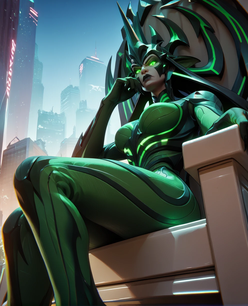 score_9,score_8_up,score_7_up,score_6_up,score_5_up,score_4_up,
helamr,green eyes,makeup,black lips,
green bodysuit,spiked,horned helmet,looking at viewer,
serious,glowing eyes,from below,sitting,throne,
night,city,<lora:helaMR:0.8>,