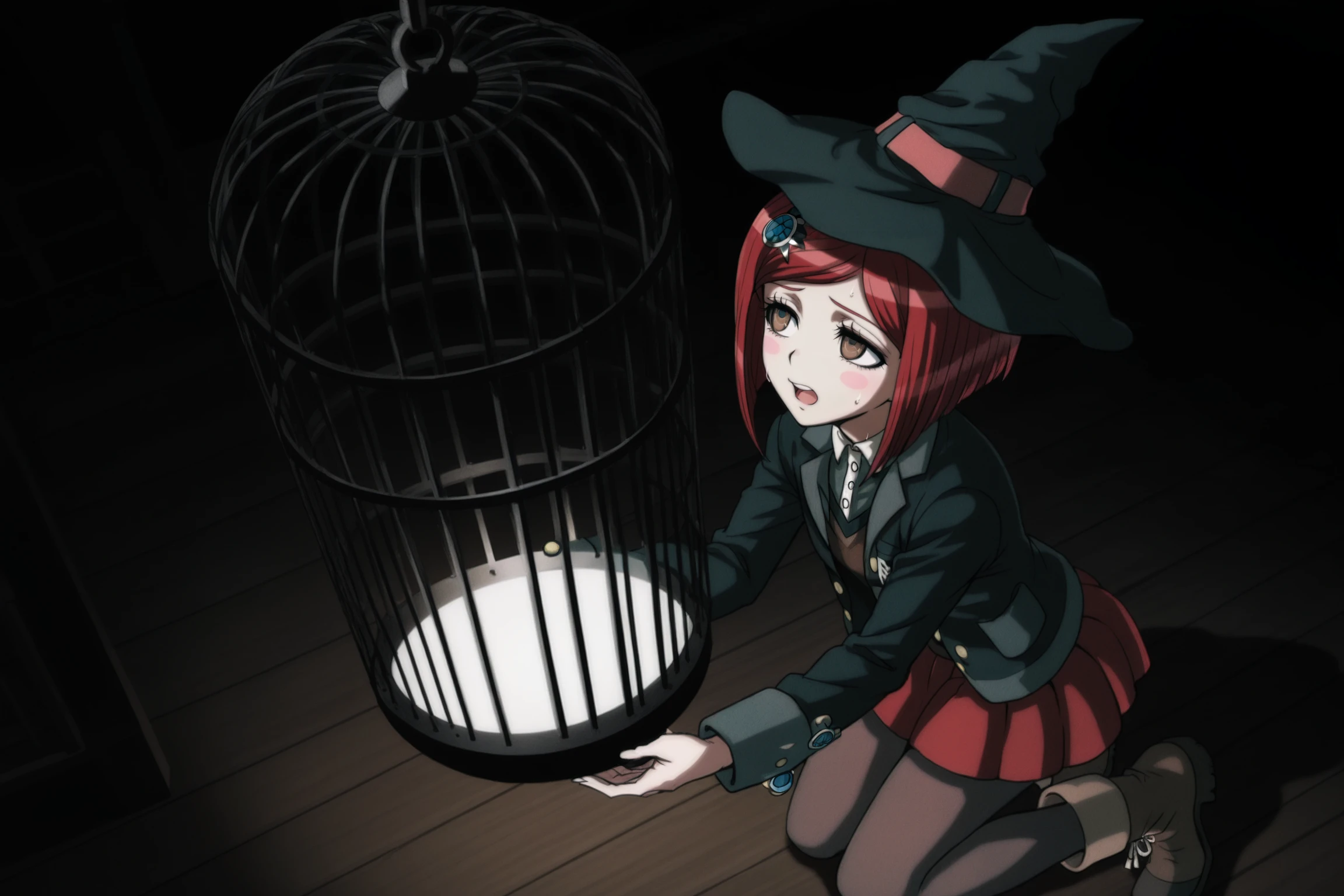 anime screencap, masterpiece, best quality, amazing quality, very aesthetic, absurdres,  newest, (scenery, volumetric lighting),
yumeno himiko, official style, wizard outfit, 1girl, solo, looking at another, worried, short hair, miniskirt, hair ornament, wizard hat, holding cage, brown eyes, birdcage, kneeling, pantyhose, eyelashes, pale skin, flat chest, school uniform, eyebrows, red hair, pleated skirt, hairclip, sweatdrop, indoors, red miniskirt, from above, blush stickers, dark room, upper teeth, buttons, boots
 <lora:HimikoYumeno_IL:0.8>