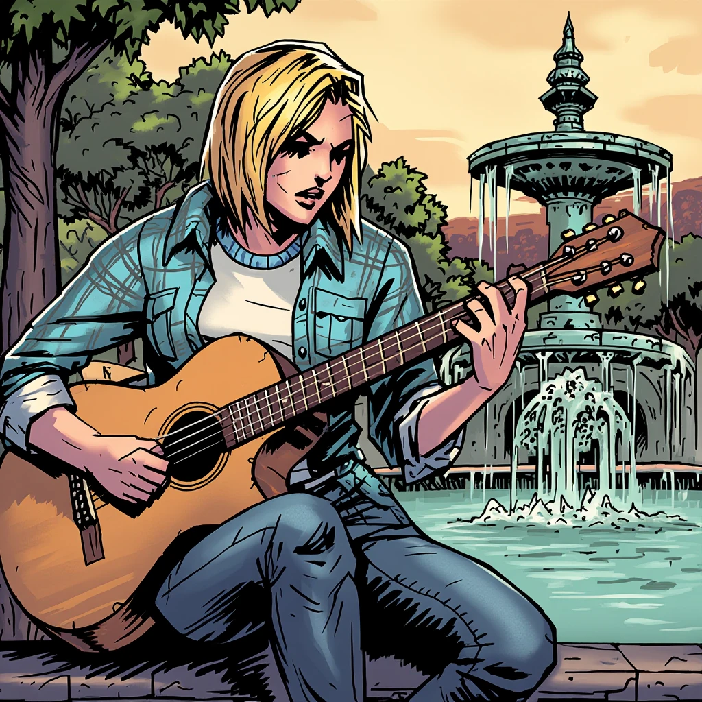 inked comic illustration in dd artstyle, a college woman with dark empty black eyes is sitting outside on the ledge of a fountain in a park against a warm, sunny backdrop, playing the guitar. she has shoulder-length blond straight hair and is wearing a light blue plaid shirt with rolled up sleeves to her elbows, revealing a plain white t-shirt with a blue collar underneath, as well as dark blue jeans.