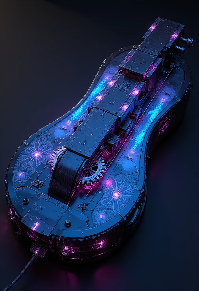 The hurdy-gurdy is a sleek fusion of traditional form and high-tech aesthetics. Its body is constructed from a mix of glossy black carbon fiber and metallic neon-blue plating. Embedded LED strips pulse in sync with the notes played, shifting colors dynamically across a spectrum of glowing hues.

The crank is an intricate gyroscopic mechanism, its edges rimmed with micro-lights that flash in rhythm with the music. Tiny gears spin visibly beneath a transparent casing, exposing a complex network of circuits and wires beneath the surface. The keys are made from a translucent material resembling holographic glass, glowing faintly when pressed.

The soundboard has a futuristic edge, adorned with hexagonal patterns that seem to ripple as sound waves are produced. Laser-etched designs of geometric circuitry run across the body, lit by tiny streams of electric current that flicker like living veins. The wheel (the part that bows the strings) glows with a faint plasma-like sheen, spinning almost silently.

On the side, a holographic display projects visualizations of the music—shimmering waves and abstract shapes—while small digital readouts show pitch and tempo. Instead of traditional strings, energy beams vibrate in their place, their soft hum adding to the hypnotic auditory effect. This hurdy-gurdy hums with raw technological power, designed for a cyberpunk virtuoso.