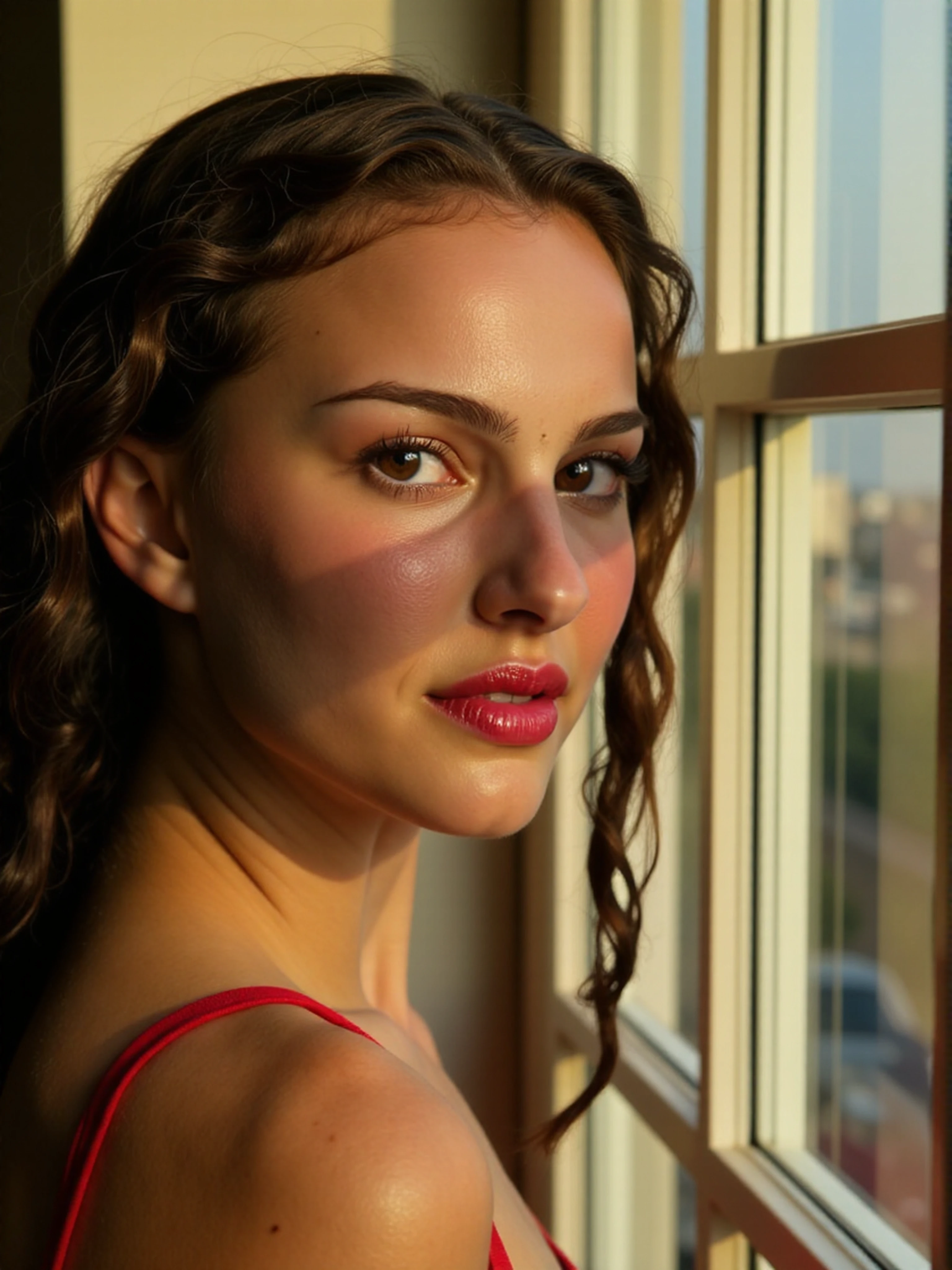 <lora:Natalie_Portman:1> woman, long dark curly hair, makeup, hair in braids, red lips, extreme close-up, zoomed, focus on face, centered, macro shot, face centered, focus on eyes, looking directly at the viewer, looking directly at the camera, making eye contact, looking straight ahead professional photography, light refractions, standing by a large window, sun enters through the window casting a shadow of the window frame across their face as they look back towards the viewer who is on the other side of the glass, golden hour