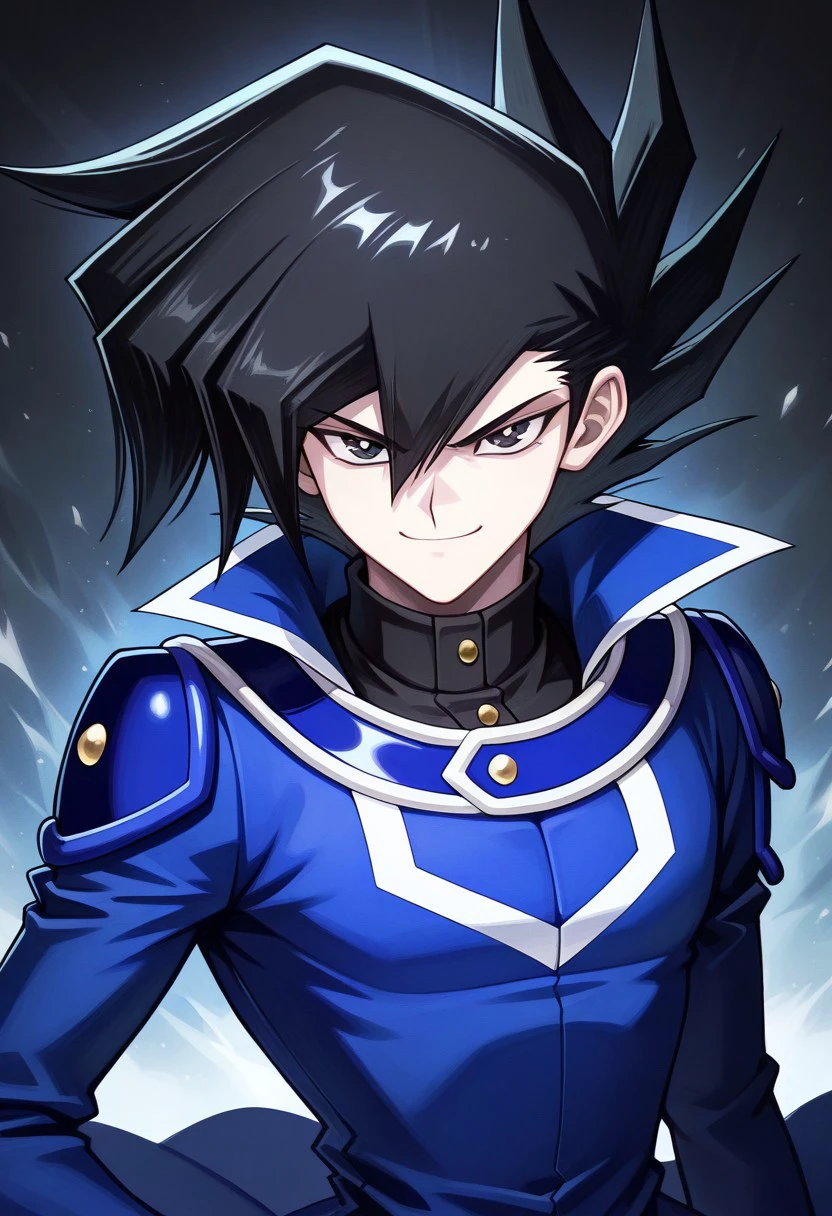 masterpiece, best quality, 
chazzgx, 1boy, male focus, solo, black eyes, black hair, spiked hair, hair between eyes, duel academy uniform (yu-gi-oh! gx), obelisk blue uniform, shirt, black shirt, turtleneck, coat, blue coat, long sleeves,
indoor, smile, determined, looking at viewer,