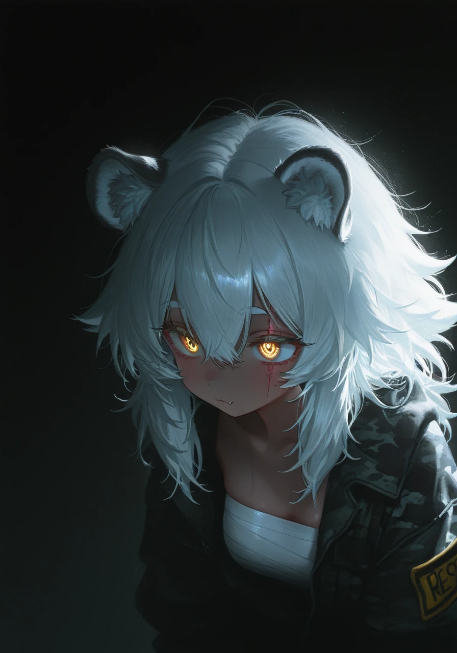 (1girl), masterpiece, best quality, good quality, (hiro \(dismaless\)), [[baffu]], year 2023, [ningen_mame], (tahra:1.3),
[quasarcake], [[artist:naga u]], [[waterkuma]], [wlop], black theme tiger girl, spunky, chest sarashi, white (tiger ears), monochrome theme, fluffy hair, dark skin, fluffy hair, medium hair, messy hair, white_hair, hair_flaps, animal ear fluff, :3, clueless, disinterest, looking_away, single_fang, rawr, cute, neon (scar across eye), girl thug, dark background, relaxing, from above, black dark [camouflage] jacket, shirt, see-through sleeves, (white) highlights, backlighting, teasing face, colorfully vibrant, eye_focus, detailed eyes, golden arm sash, best quality, amazing quality, very aesthetic, absurdres, best quality, amazing quality, very aesthetic, absurdres, biomechanical arm
, (cgi), photo \(medium\), year 2023, amazing quality, RTX, cinematic light, best quality, amazing quality, very aesthetic, absurdres