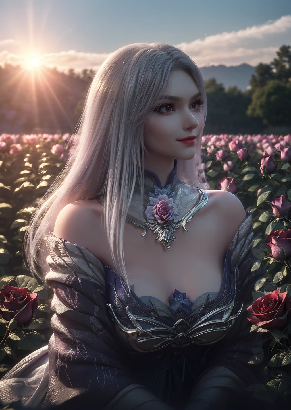 1girl,solo,white long hair,makeup,lipstick,light smile,((gigantic breasts:1.3)),kimono,choker,outdoors,((rose field)),((sunlight)),((glowing)),(upper body),depth of field,Highly detailed,(ultra-detailed),(best quality:1.5,masterpiece:1.5),<lora:softlight-000010:1:lbw=TEST>,<lora:xiaoyixian:0.85>,<lora:æè£å¢å:-1>,