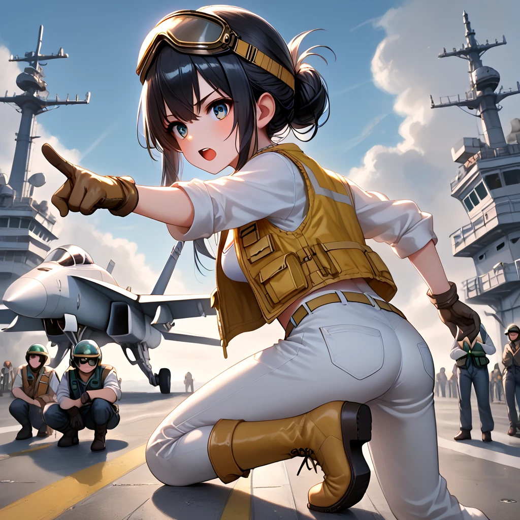 score_9, source_anime, aircraft carrier, catapult officer, pointing forward, standing, lunge, one knee, outstretched legs, spread legs, 1girl, black hair, updo, open mouth, cleavage, medium breasts, vest, pants, helmet, gloves, boots, leaning forward, goggles on head, cloudy sky, sky, dust, steam, crowd, wide shot, from side, from behind, <lora:girllikeaircraftcarrier_pony:0.7>