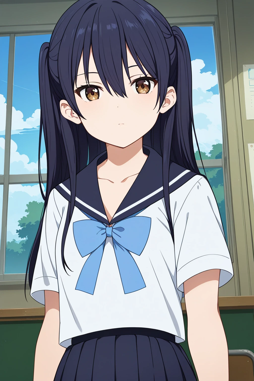 score_9,score_8_up,score_7_up,source_anime,
1girl,<lora:IchigyouRuri:0.9>,ichigyou ruri,long hair,brown eyes,black hair,hair between eyes,collarbone,two side up,small_breasts,thighs,
school uniform,serafuku,skirt,pleated skirt,sailor collar,short sleeves,bow,shirt,black skirt,white shirt,sailor collar,blue bow,bowtie,shirt_tucked_in,
indoors,classroom,window,sunlight,the scenery outside the window,blue sky,tree,
looking_at_viewer,closed mouth,(cowboy_shot),standing,expressionless,dynamic pose,