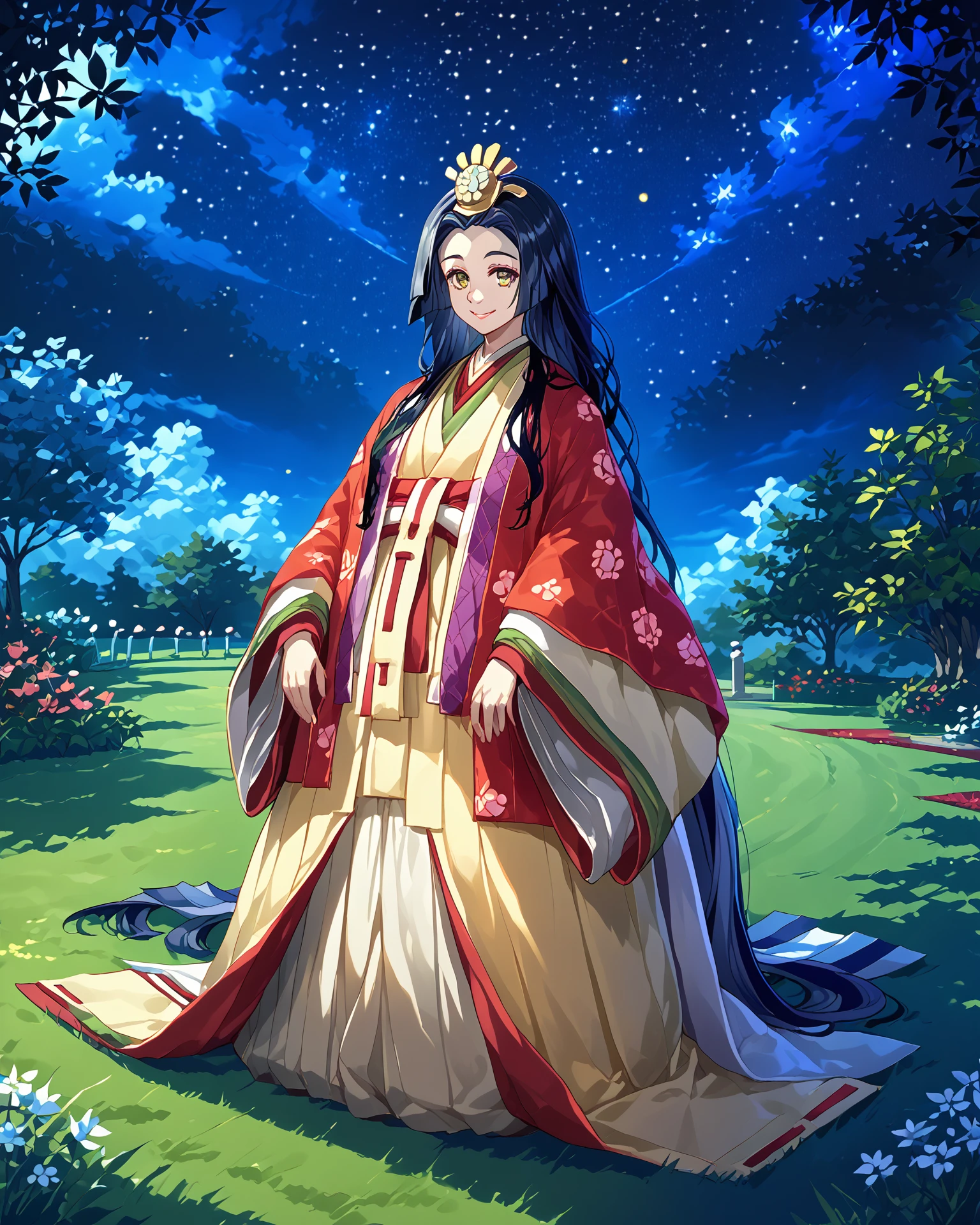 1girl, juunihitoe, wearing juunihitoe, black hair, long hair, smile, garden, nature, grass, lawn, starry sky, night sky, milky way, gold eyes, digital art, masterpiece, absurdres, highest quality, score_9, score_8_up, score_7_up,  <lora:Juunihitoe_XL:1.2>,  full body,  <lora:EndEndStart:1.2> kaoro