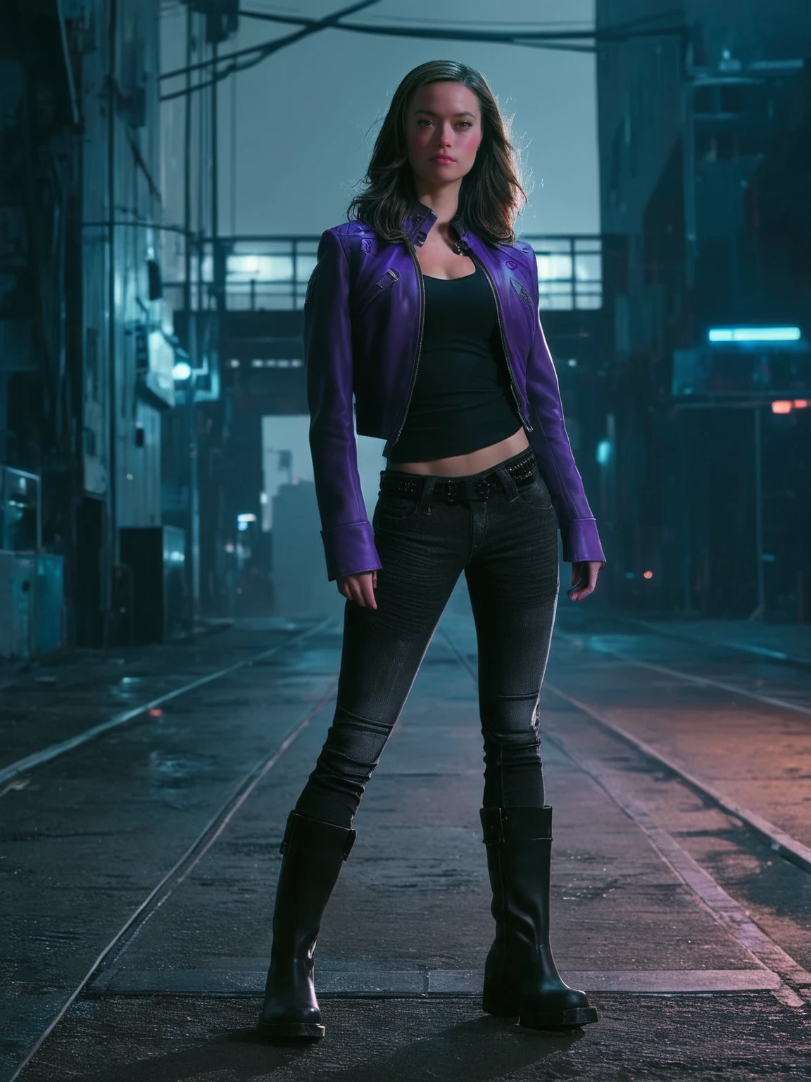 expressionist <lora:smgl _v1_ec:1> smgl woman,purple jacket, grey pants,tank top, boots,(pale:0.5), score_9, score_8_up, score_7_up, . raw, emotional, dynamic, distortion for emotional effect, vibrant, use of unusual colors, detailed