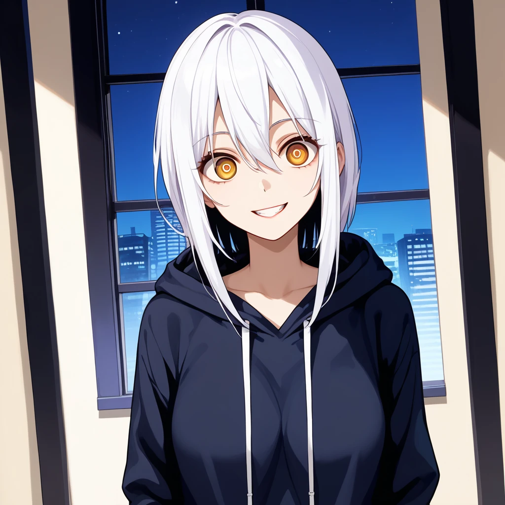 score_9, score_8_up, score_7_up, anime_source, best quality, masterpiece, 1girl, solo focus, solo, uncensored, Expressiveh, 

yanderec, dark orange eyes, white hair, medium hair, bangs, hair between eyes, slender, petite,

black hoodie,

crooked smile, closed window, looking through window, dutch angle,

detailed eyes, crazy eyes,

detailed background, living room, night time, creepy,

