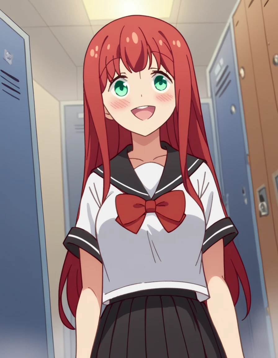 score_9, score_8_up, score_7_up, source_anime, <lora:yuki-minagawa-s1-ponyxl-lora-nochekaiser:1>, yuki minagawa, long hair, bangs, green eyes, red hair, medium breasts, anime screencap, skirt, school uniform, serafuku, black skirt, pleated skirt, red bowtie, black sailor collar, white shirt,, locker room, lockers, benches, towels, showers, smile, <lora:space-cat-ponyxl-lora-nochekaiser:1> space cat, space cat (meme), galaxy, meme, space, galaxy background, universe, nebula, star (sky), blank stare, looking up, open mouth, blush, cowboy shot, looking at viewer, solo,, dutch angle, cowboy shot