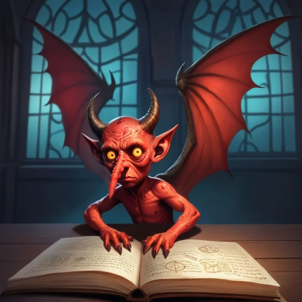 (Boris Vallejo) dark fantasy, dark painting, red tiny male imp, long nose, big pointy ears, horns, little wings,  studying a book in an arcane magical library,  amazing contrasting colors, filled with diffused  blue,silver and yellow glow light filtering through the windows.The shot is captured in a wide-angle with a low perspective, creating a dreamlike image.  <lora:Imps-Illustrious:1> impz