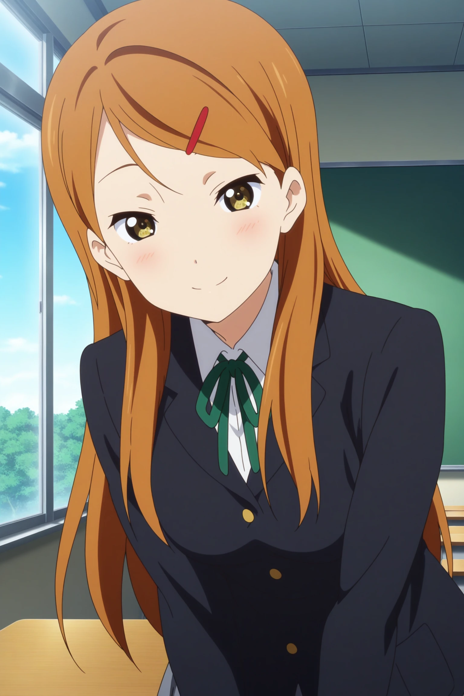 masterpiece, best quality, amazing quality, highres, absurdres, very aesthetic, high resolution, ultra detailed, perfect details, 1girl, solo, indoors, classroom, day, medium breasts, sokabe megumi, long hair, orange hair, red hairclip, yellow eyes, school uniform, black jacket, white shirt, collared shirt, green ribbon, grey skirt, pleated skirt, white kneehighs, loafers, <lora:Megumi_Sokabe_ILXL:0.8>, (upper body:1.2), anime coloring, anime screencap, (pose:1.2), smile, looking at viewer