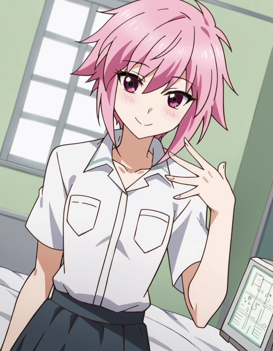 score_9, score_8_up, score_7_up, source_anime, <lora:sakura-mizukami-s1-ponyxl-lora-nochekaiser:1>, sakura mizukami, short hair, pink hair, sidelocks, short hair with long locks, pink eyes, mature female, small breasts, anime screencap, skirt, shirt, school uniform, dress shirt, black skirt, pleated skirt, breast pocket, collared shirt, white shirt, collarbone,, laboratory, beakers, microscope, scientist, experiments, , <lora:sidetail-miku-noodle-stopper-ponyxl-lora-nochekaiser:1> sidetail miku noodle stopper, sidetail miku noodle stopper (meme), meme, side ponytail, hand up, blush, smile, bed room,, cowboy shot, looking at viewer,, looking at viewer, solo,, dutch angle, cowboy shot