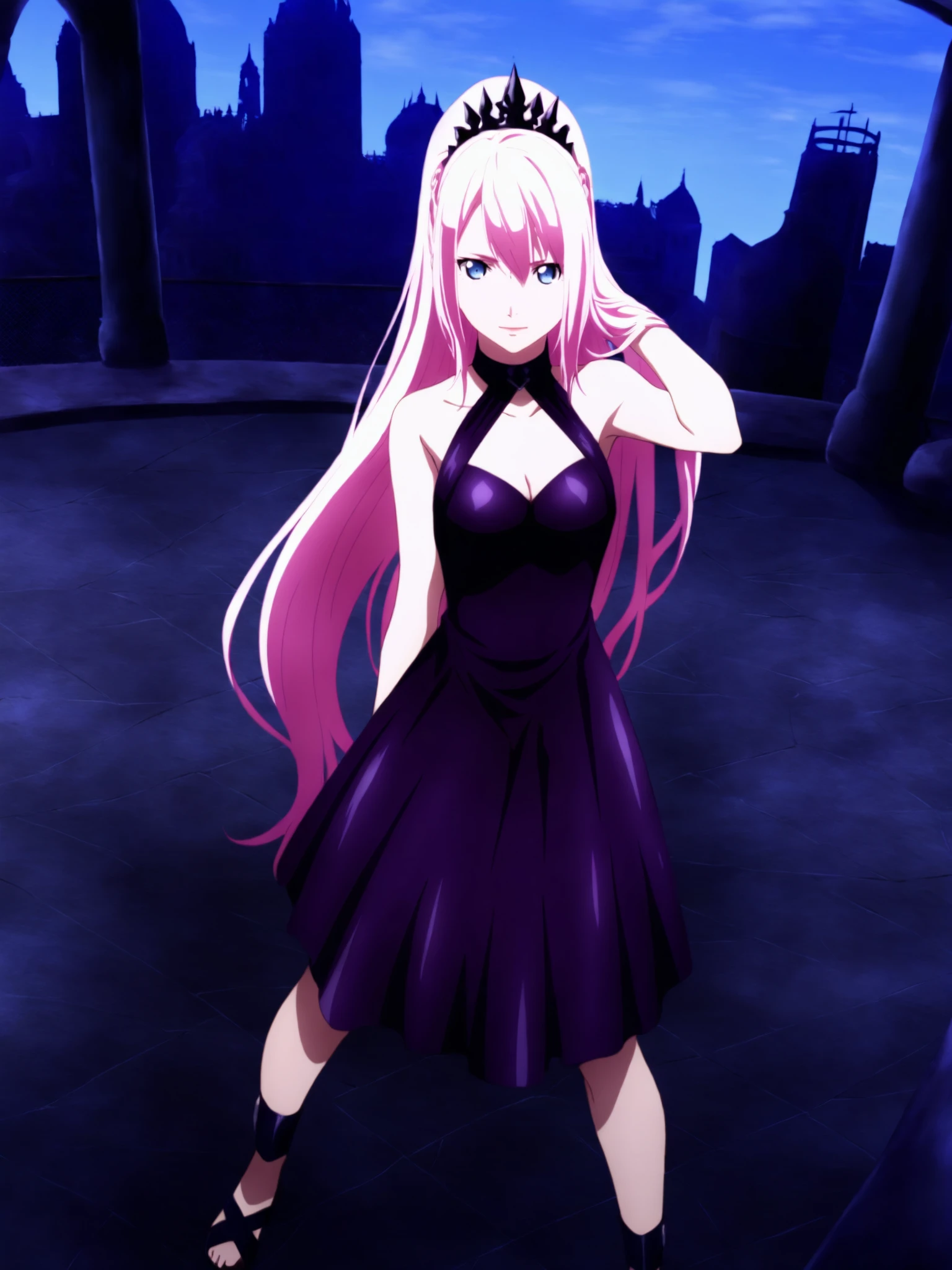 masterpiece,best quality,selie, 1girl, anime coloring, solo,6_Shionne_01B_Black_Dress_ThornsDress, shionne 01b, pale skin, (long hair),  pink hair(blue eyes), black dress, dress 1girl, solo, breasts, looking at viewer, dress, bare shoulders, closed mouth, standing, full body, pink hair, sleeveless, sleeveless dress, crown, purple dress, ,light smile, hand in hair,floating hair, rooftop, chain-link fence,  bright day , blue sky (A bustling city street bathed in crisp morning light at 10 a.m., with vibrant shadows and a clear sky:1.3),  <lora:Shionne_Black_Dress:1.1>