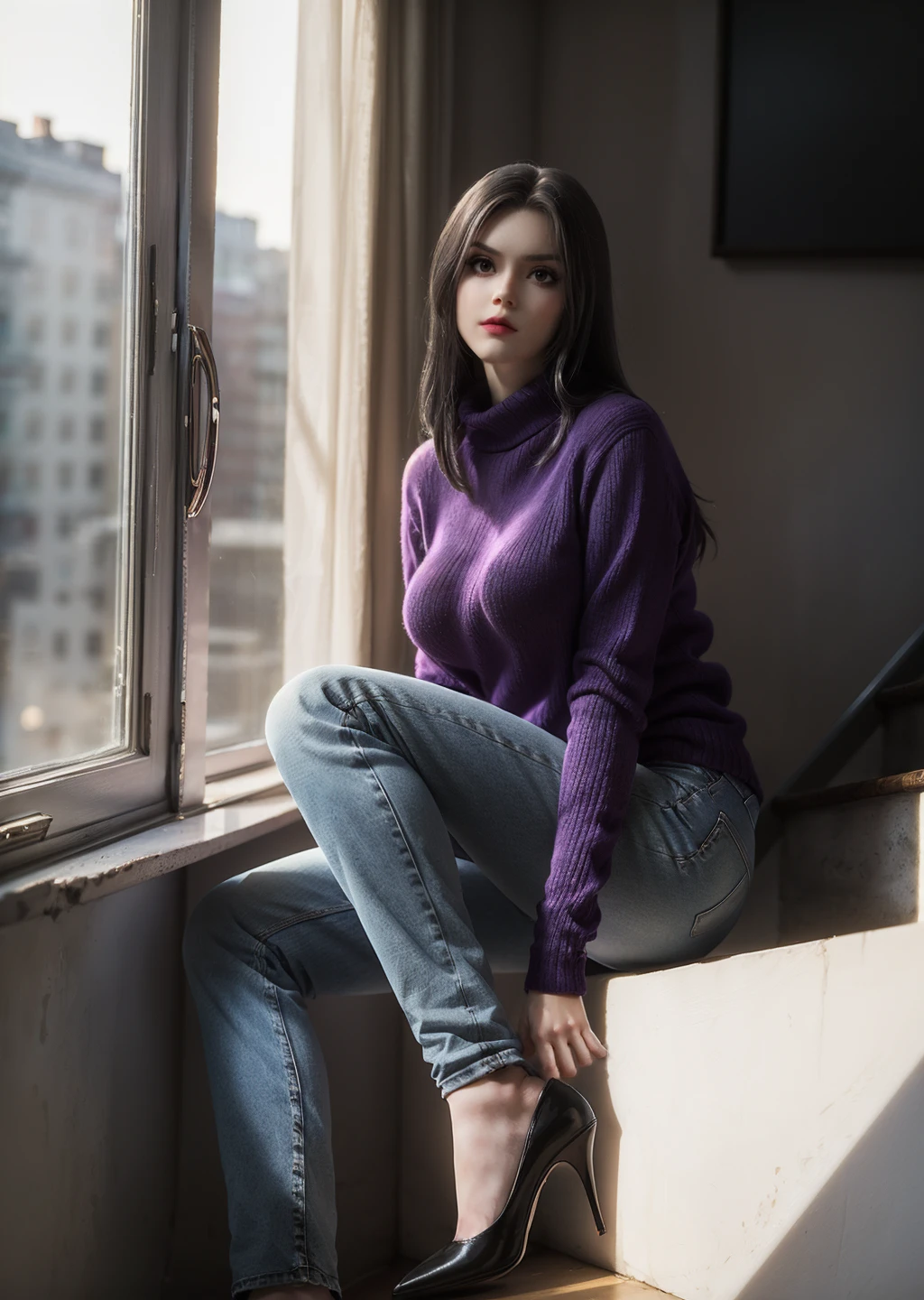 1girl,solo,white long hair,makeup,lipstick,(gigantic breasts),sweater,(jeans),purple high heels,sitting on stairs,looking at viewer,indoors,day,windowsill,((sunlight,glowing)),(blurry background),depth of field,Highly detailed,(ultra-detailed),(best quality:1.5,masterpiece:1.5),<lora:xiaoyixian:0.8>,<lora:softlight-000010:1:lbw=TEST>,<lora:æè£å¢å:-0.5>,