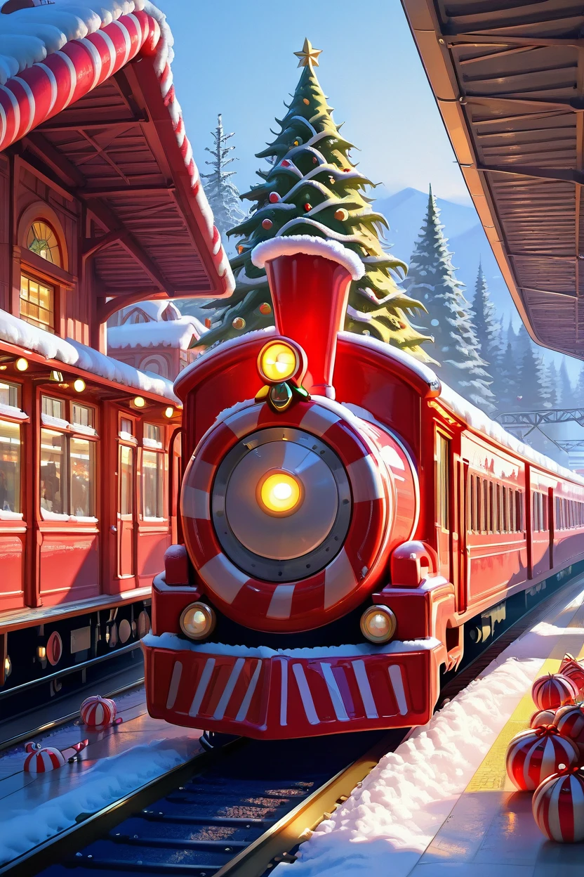 masterpiece, best quality,   CandyCaneMorph,   train, train station, winter, christmas tree, christmas ornaments  ,<lora:CandyCaneMorphIXL_v1:1.0>,