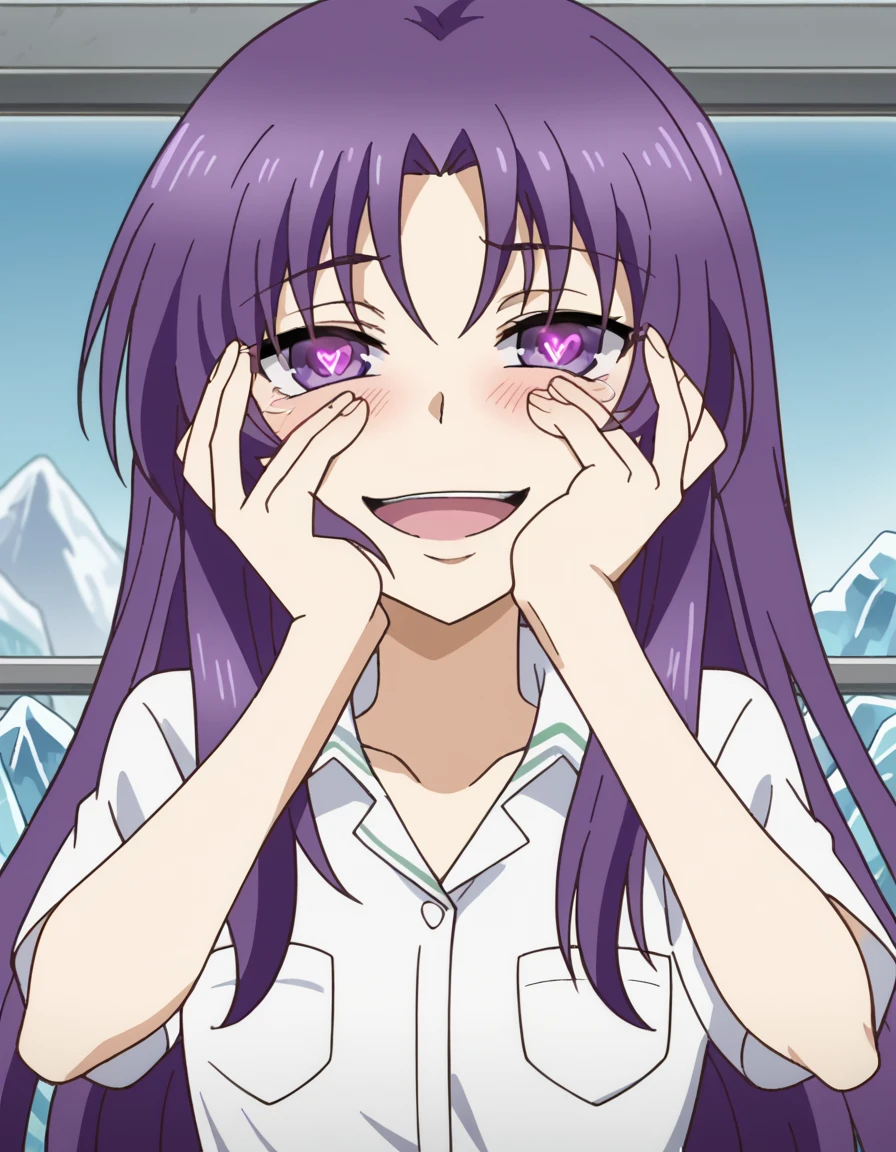 score_9, score_8_up, score_7_up, source_anime, <lora:chitose-karasuyama-s1-ponyxl-lora-nochekaiser:1>, chitose karasuyama, long hair, purple eyes, purple hair, sidelocks, parted bangs, mature female, small breasts, anime screencap, skirt, shirt, school uniform, dress shirt, black skirt, pleated skirt, breast pocket, collared shirt, white shirt, collarbone,, glacier, ice, cold, blue, snowy, , <lora:yandere-trance-ponyxl-lora-nochekaiser:1>, yandere trance, yandere, hands on own cheeks, hands on own face, crazy eyes, crazy smile, crazy, heart-shaped pupils, glowing eyes, symbol-shaped pupils, hand on own face, open mouth, glowing, blush, looking at viewer,, looking at viewer, solo,, dutch angle, cowboy shot