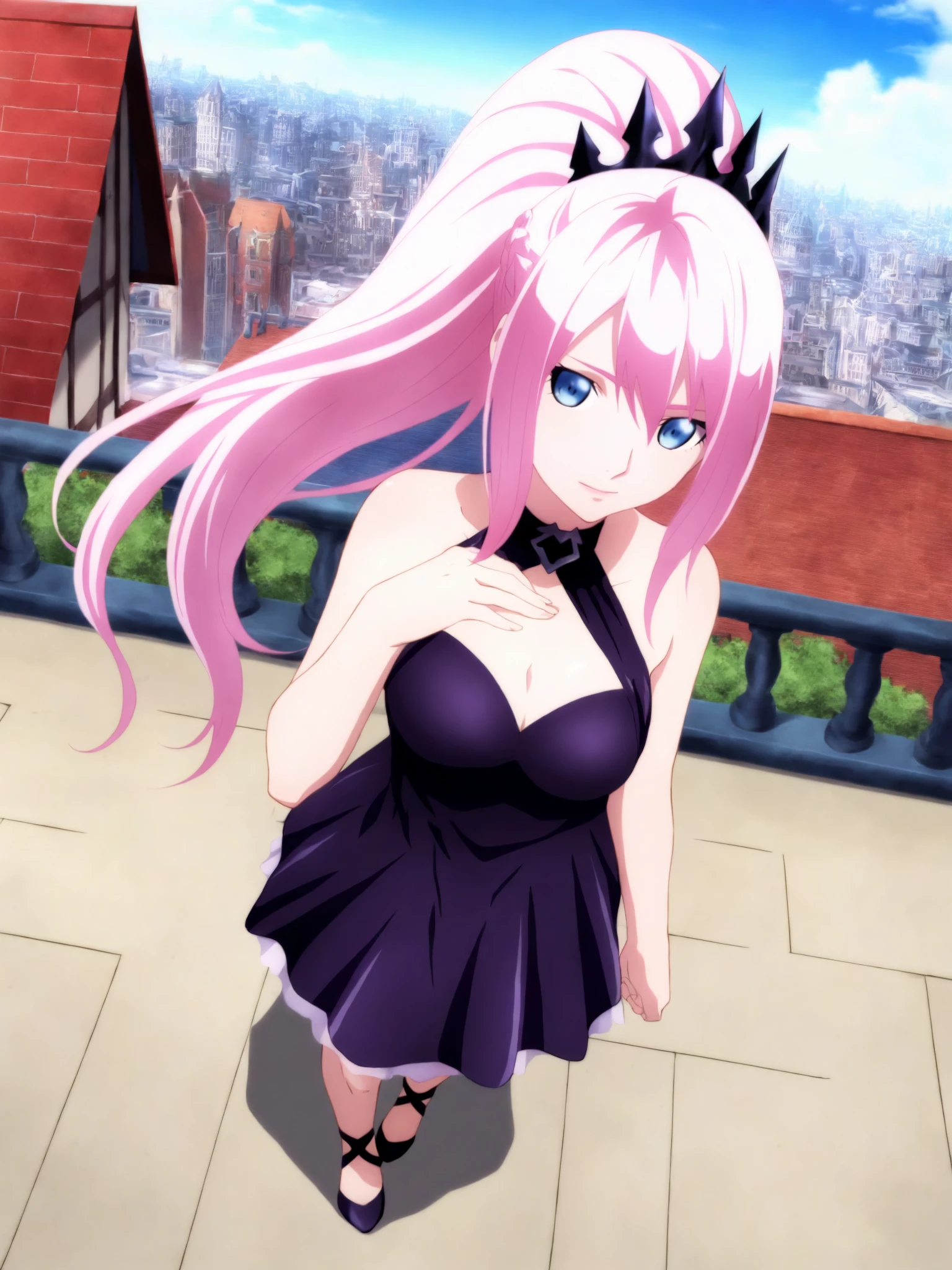 masterpiece,best quality,selie, 1girl, anime coloring, solo,6_Shionne_01B_Black_Dress_ThornsDress, shionne 01b, pale skin, (long hair),  pink hair(blue eyes), black dress, dress 1girl, solo, breasts, looking at viewer, dress, bare shoulders, closed mouth, standing, full body, pink hair, sleeveless, sleeveless dress, crown, purple dress, ,light smile, hand in front ,floating hair, rooftop, chain-link fence,  bright day , blue sky (A bustling city street bathed in crisp morning light at 10 a.m., with vibrant shadows and a clear sky:1.3),  <lora:Shionne_Black_Dress:1.1>