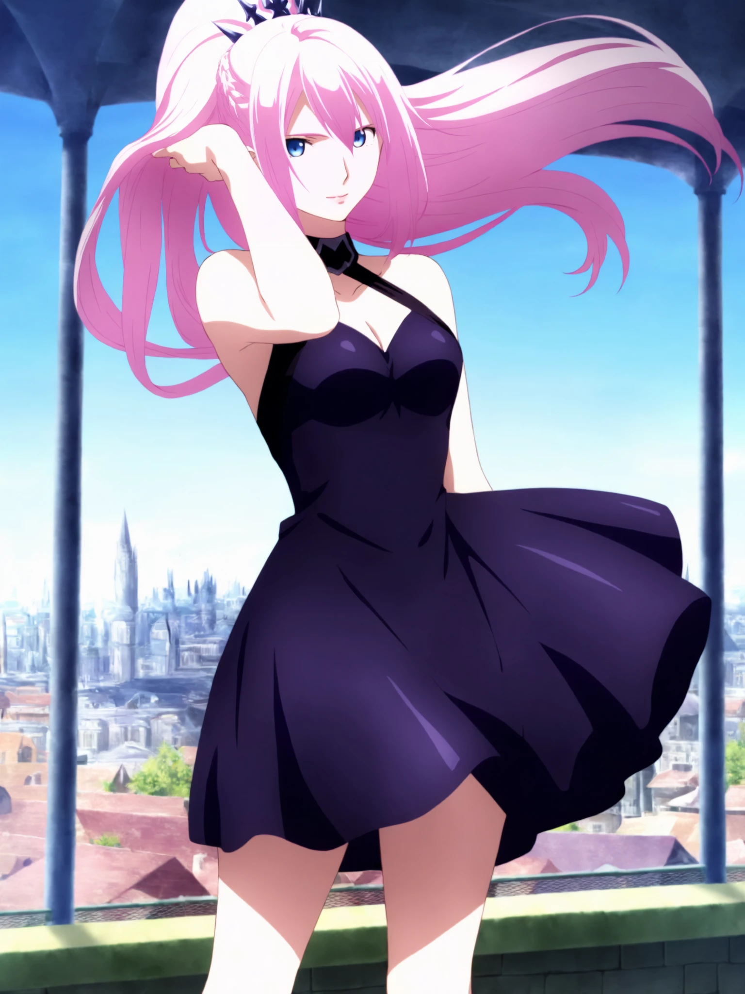 masterpiece,best quality,selie, 1girl, anime coloring, solo,6_Shionne_01B_Black_Dress_ThornsDress, shionne 01b, pale skin, (long hair),  pink hair(blue eyes), black dress, dress 1girl, solo, breasts, looking at viewer, dress, bare shoulders, closed mouth, standing, full body, pink hair, sleeveless, sleeveless dress, crown, purple dress, ,light smile, hand in hair,floating hair, rooftop, chain-link fence,  bright day , blue sky (A bustling city street bathed in crisp morning light at 10 a.m., with vibrant shadows and a clear sky:1.3),  <lora:Shionne_Black_Dress:1.1>