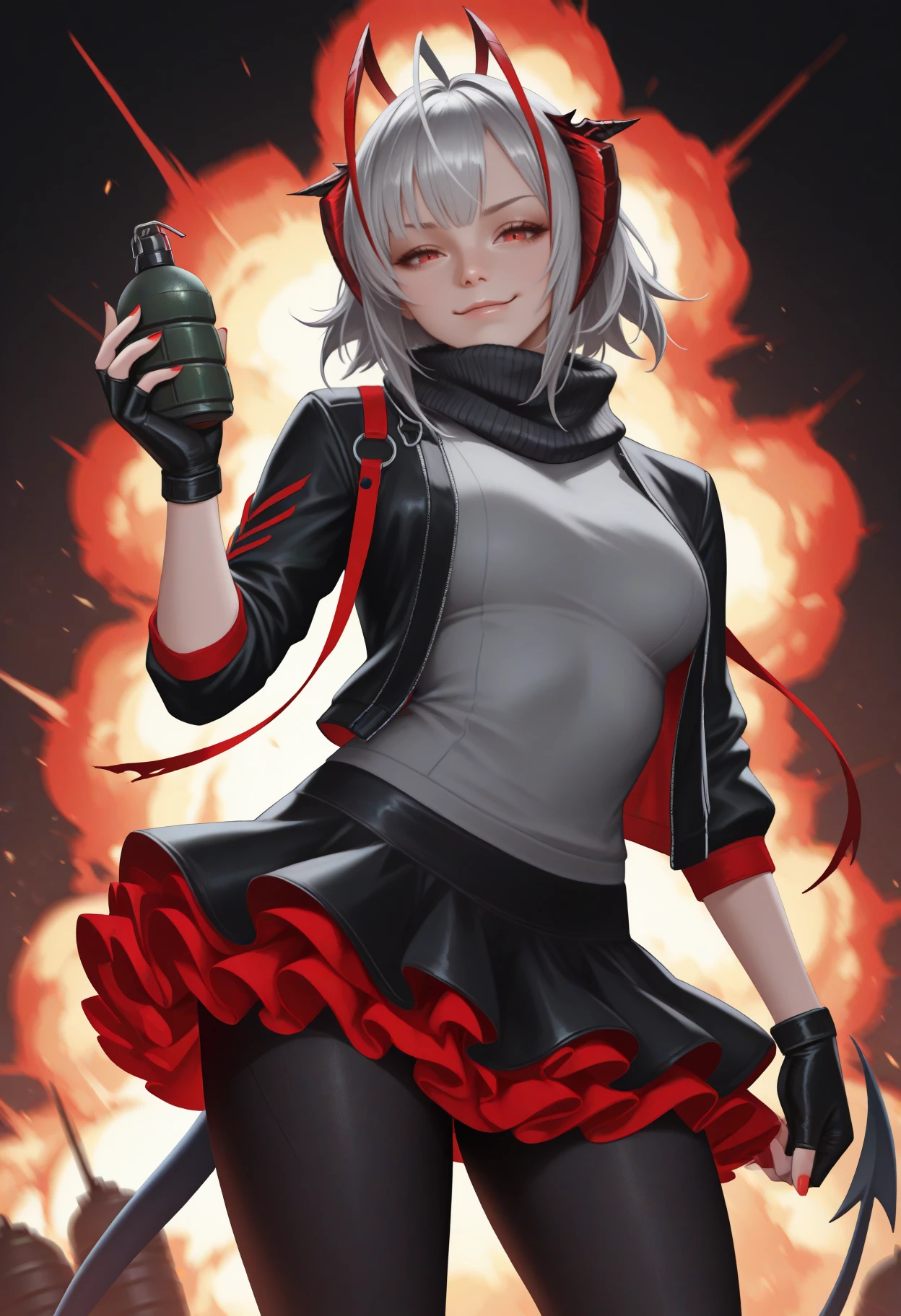 masterpiece, best quality, realistic, solo, 1girl, wdef, demon tail, smirk, looking at viewer, standing, hand up, holding, explosive, grenade, short hair, multicolored hair, grey hair, red hair, ahoge, antenna hair, demon horns, antennae, red eyes, black jacket, open jacket, sleeves past elbows, grey shirt, black gloves, fingerless gloves, layered skirt, black skirt, red skirt, miniskirt, black pantyhose, black scarf, red nails, abstract background, explosion, fire
<segment:yolo-face_yolov8m.pt,0.4,0.5//cid=1>