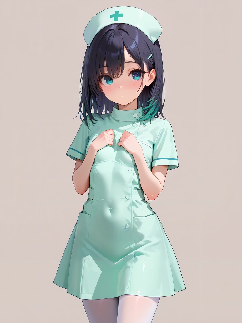 masterpiece,amazing quality,best quality,ultra-detailed,8K,illustration,CG,shiny hair,clear skin,ultra-detailed-eyes,simple background,cute girl, eyelashes <lora:nurse_illustrious_V1.0:0.7> nurse, short sleeves, green dress, green nurse cap,white pantyhose