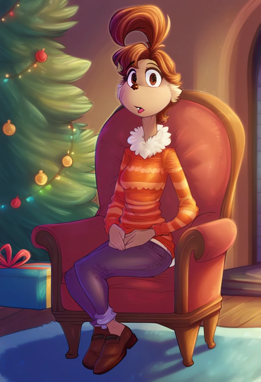 zPDXL, score_9_up, score_8_up,_7_up, score_6_up, score_5_up, score_4_up ,source_furry,  furry female, best quality, amazing quality, detailed background, masterpiece, 1girl, looking at viewer, solo, room, christmas decorations, christmas lights,christmas tree, gifts, huge filesize,  full body, sally, brown hair, brown eyes, topknot, (yellow-orange fluffy sweater:1.2), brown pants, brown shoes,  (sitting on an armchair next to the fireplace, armchair:1.2),  <lora:Sally:1>, dimwitdog, <lora:dimwitdog:1.6>