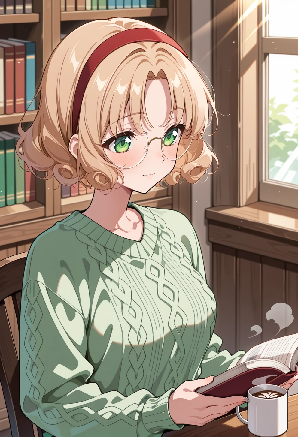 masterpiece, best quality, high quality, anime, solo, <lora:AEFuuillx:1>
AEFuuDef, green eyes, curly hair, light brown hair, parted bangs, short hair, glasses, rimless eyewear, round eyewear, red hairband, 
green sweater, cable knit, library, reading, holding book, coffee mug, indoors, window, sitting, table, Sunlight, light rays, looking away, light smile, aran sweater,