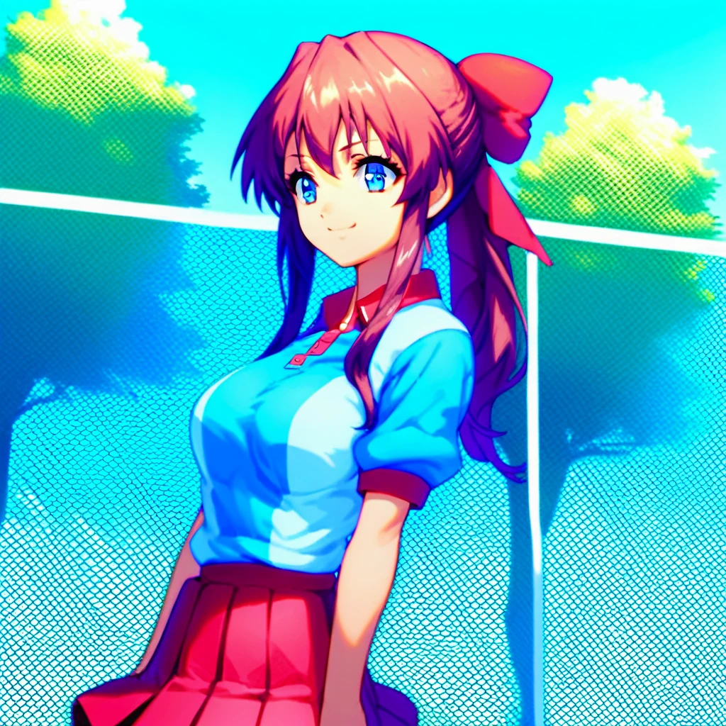 score_9, score_8_up, score_7_up, source_anime 1girl, KanzakiaoiTB, tbtennisuniform, 1girl, solo, blue eyes, hair bow, tennis uniform, polo shirt, raglan sleeves, pleated skirt, red skirt, fence, v arms, smile, closed mouth, tree, sky, short sleeves