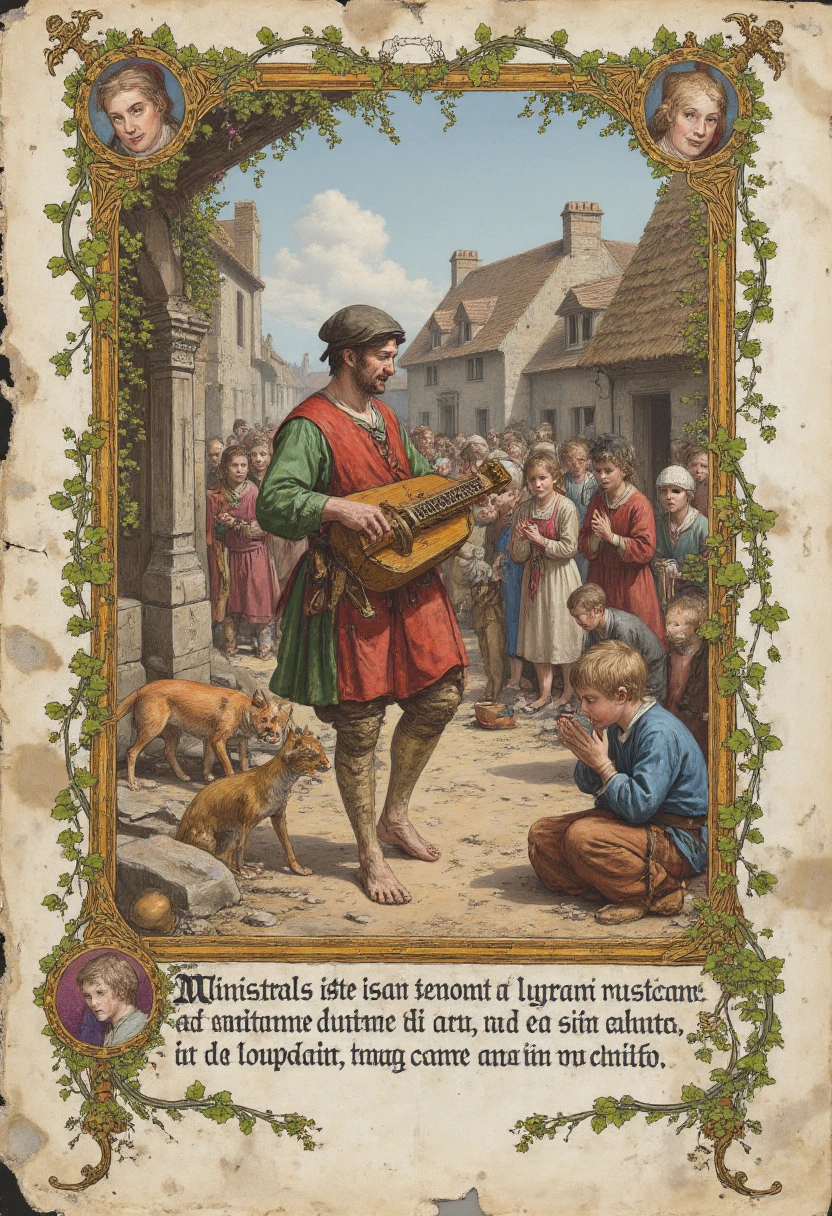 A richly detailed medieval manuscript-style illustration depicting a street minstrel playing a hurdy-gurdy, drawn on aged, weathered parchment. The page features signs of wear: torn edges, faint water stains, and smudges from centuries of handling. Faded ink, sepia tones, and uneven pigment application lend authenticity to the artwork.

The central figure, the minstrel, is dressed in tattered, brightly colored medieval garb—patched red and green tunic, woolen hose, and a floppy hat adorned with a single feather. His face is slightly unshaven, with a crooked grin and sun-weathered features. The minstrel’s bare feet are calloused and dusty, a testament to his life on the road. He cranks the hurdy-gurdy with one hand while pressing the keys with the other, mid-performance, as if caught in the lively motion of his tune.

The hurdy-gurdy in this setting is an intricately crafted medieval piece, its wooden body painted with faded floral motifs and small religious symbols like stars and crosses. The crank is iron and slightly rusted, and the soundboard is scratched from years of use. Tiny brass bells hang from the instrument, jingling softly with each turn of the crank.

In the background, a medieval village street is depicted with meticulous detail. Wattle-and-daub cottages lean unevenly against each other, their thatched roofs sagging under the weight of time. Townsfolk—peasants, merchants, and children—gather around the minstrel, some clapping in rhythm, others watching skeptically. A beggar with a wooden bowl sits at the edge of the scene, while a stray dog sniffs the minstrel’s bare feet.

The borders of the page are richly illuminated with gothic-style flourishes. Vines, leaves, and berries twist and coil along the edges, interspersed with tiny illustrations of animals: a fox peeking from the corner, a bird perched on the vine, and a mouse nibbling on a grape. In the top corners, two medieval grotesques—a grinning gargoyle and a tiny, impish figure with horns—peer down at the scene, adding a playful touch of medieval humor.

Gold leaf has been used sparingly, adding a shimmering effect to the minstrel’s feather, the vines in the border, and the halos of a pair of saints depicted in a small medallion above the scene. Latin script runs across the bottom, slightly faded and uneven, describing the minstrel’s role as a bringer of joy (or mischief) to the village:

"Ministral iste resonat lyram rusticam, ad laetitiam et peccata invitans."
("This minstrel plays the rustic lyre, inviting joy and sin alike.")

The page feels alive with the texture of its age—creases, small holes where insects have nibbled, and areas where the ink has cracked and flaked. It captures the blend of reverence and whimsy characteristic of medieval manuscripts.