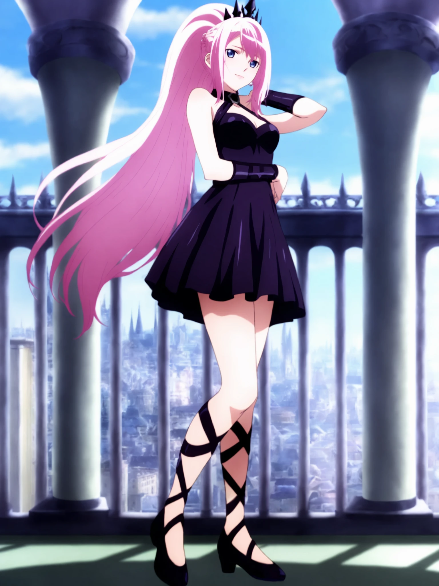 masterpiece,best quality,selie, 1girl, anime coloring, solo,6_Shionne_01B_Black_Dress_ThornsDress, shionne 01b, pale skin, (long hair),  pink hair(blue eyes), black dress, dress 1girl, solo, breasts, looking at viewer, dress, bare shoulders, closed mouth, standing, full body, pink hair, sleeveless, sleeveless dress, crown, purple dress, ,light smile, hand in hair,floating hair, rooftop, chain-link fence,  bright day , blue sky (A bustling city street bathed in crisp morning light at 10 a.m., with vibrant shadows and a clear sky:1.3),  <lora:Shionne_Black_Dress:1.1>