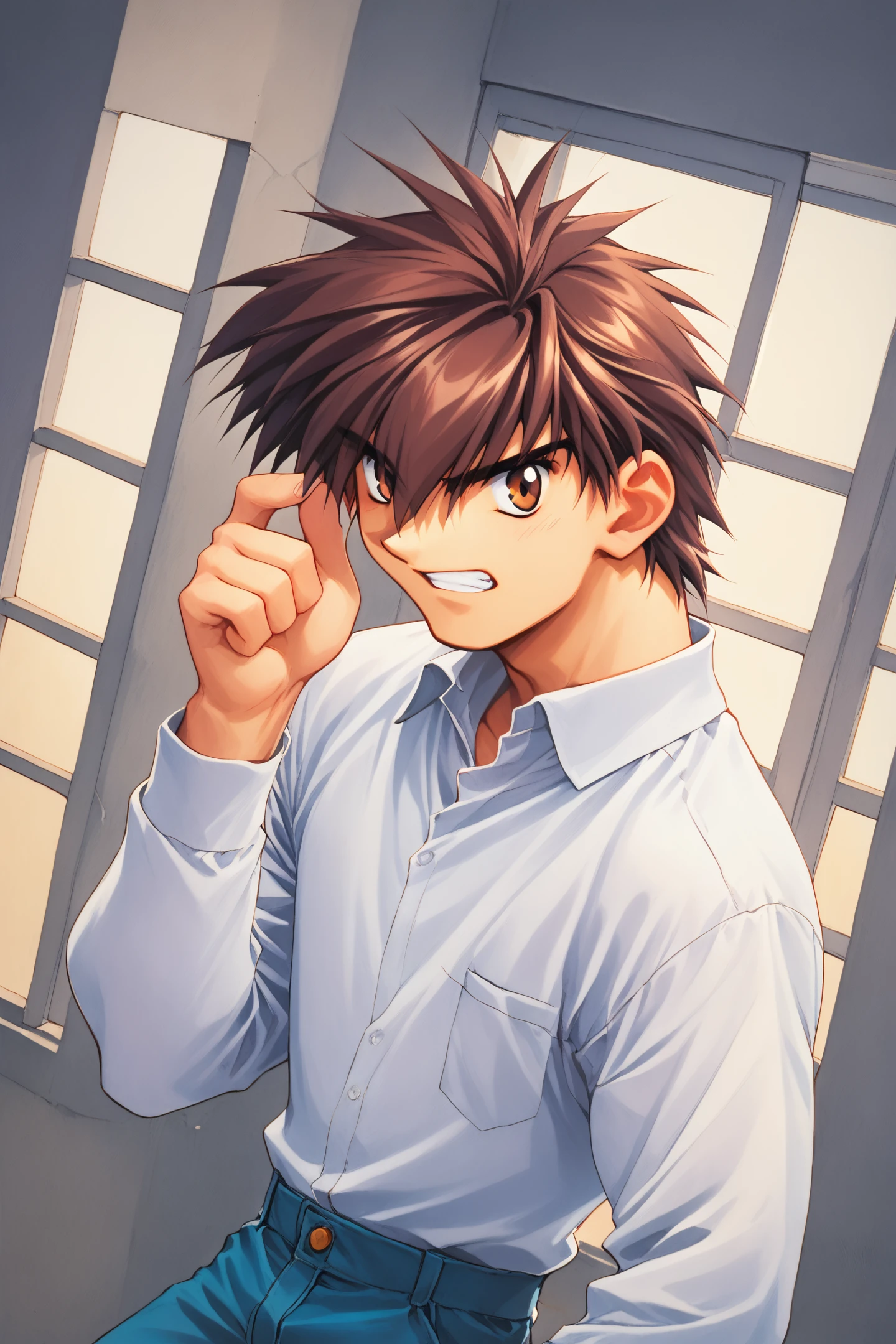 score_9,score_8_up,score_7_up,masterpiece,best quality,
Sousuke Sagara,male focus,solo,1boy,shirt,brown hair,white shirt,pants,long sleeves,teeth,window,clenched teeth,brown eyes,hair over one eye,profile,short hair,hand in pocket,day,traditional media,retro artstyle,
<lora:Shiki Doji_PONY_XL:1.4>,